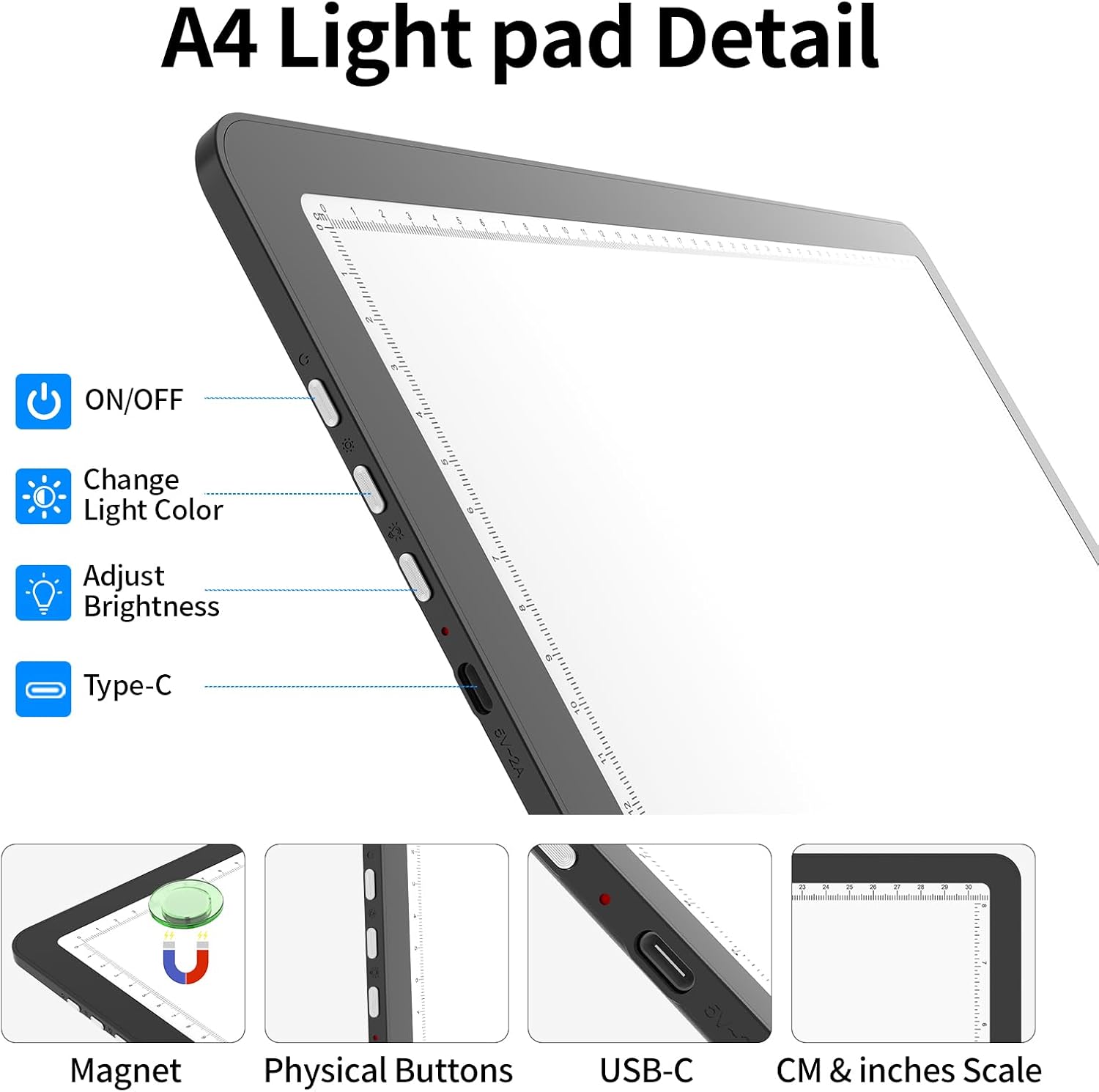 Thumbnail 4 de TOHETO A4 Light Board for Diamond Painting — Super-bright magnetic light pad with side buttons (corded)