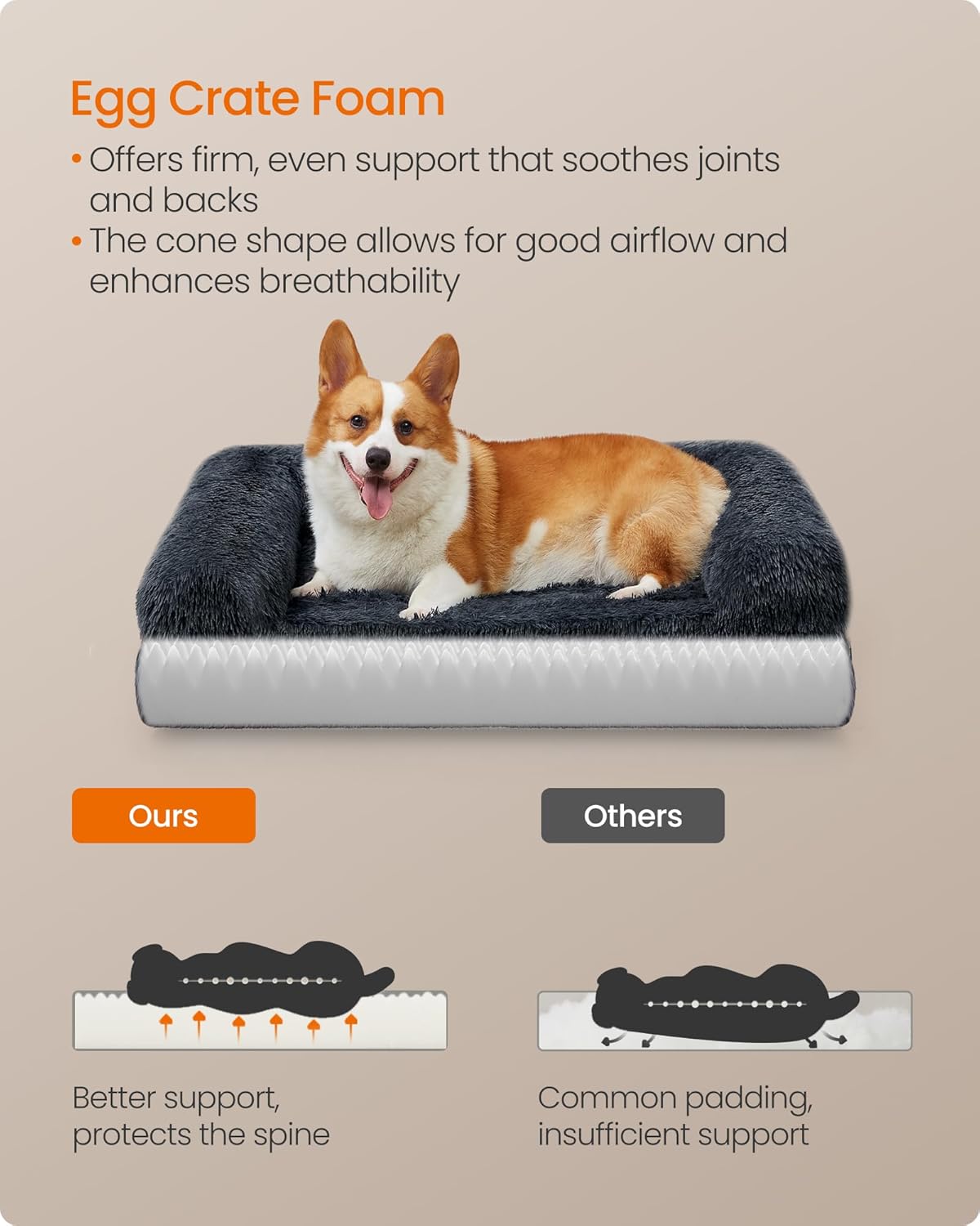 Detalle de Feandrea FluffyHug Large Dog Bed with Egg Crate Foam and Removable Cover