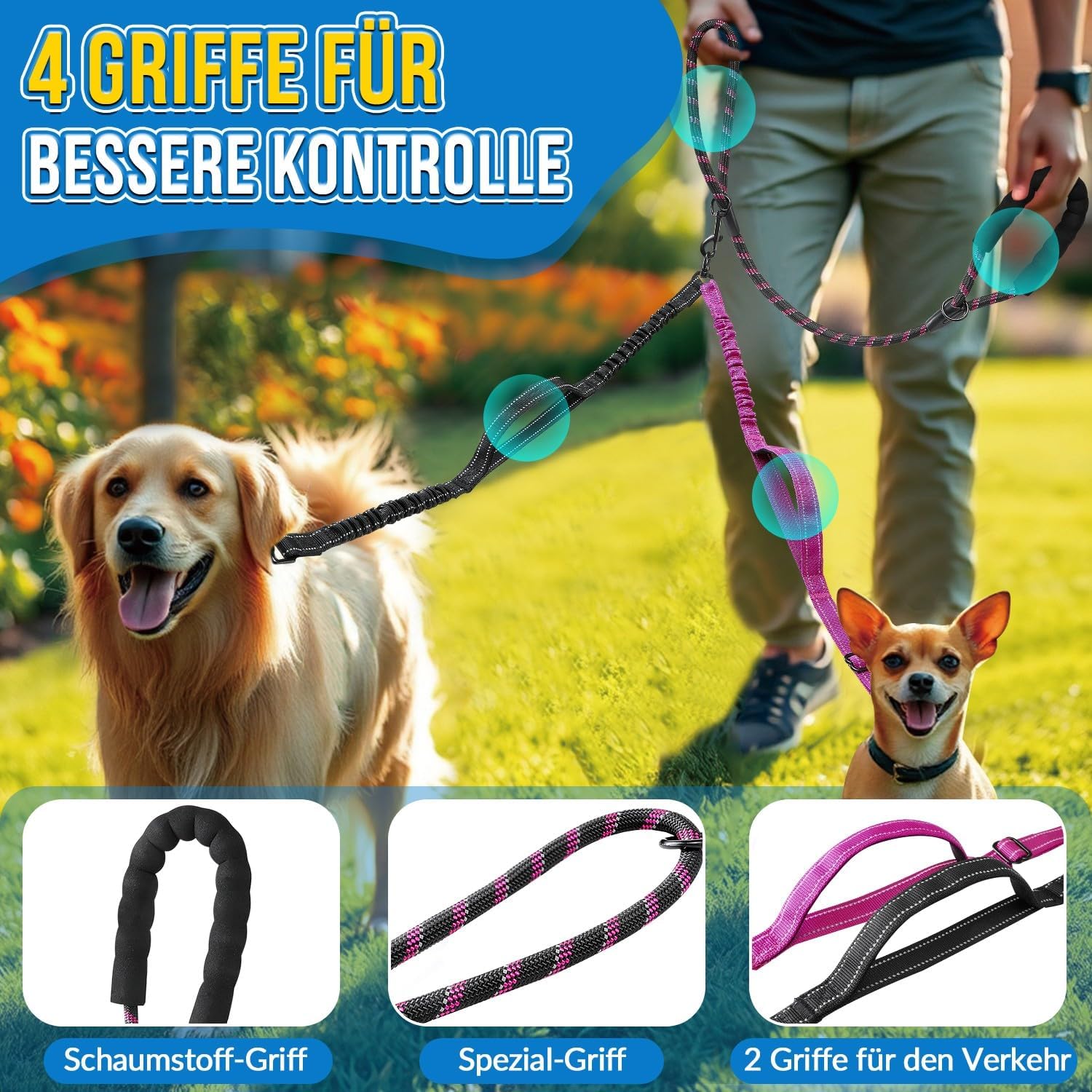 Detalle de SlowTon doppelte Hundeleine für zwei kleine Hunde mit 360°-Drehverschluss & Bungee