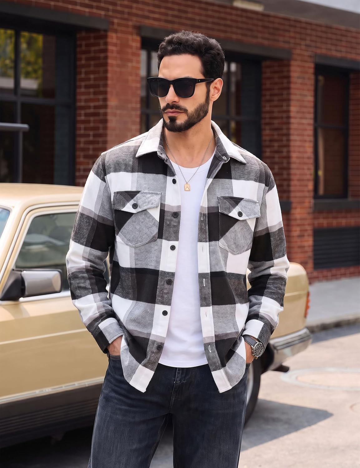Detalle de TACVASEN Men's Brushed Cotton Plaid Flannel Button-Down Shirt with Pockets