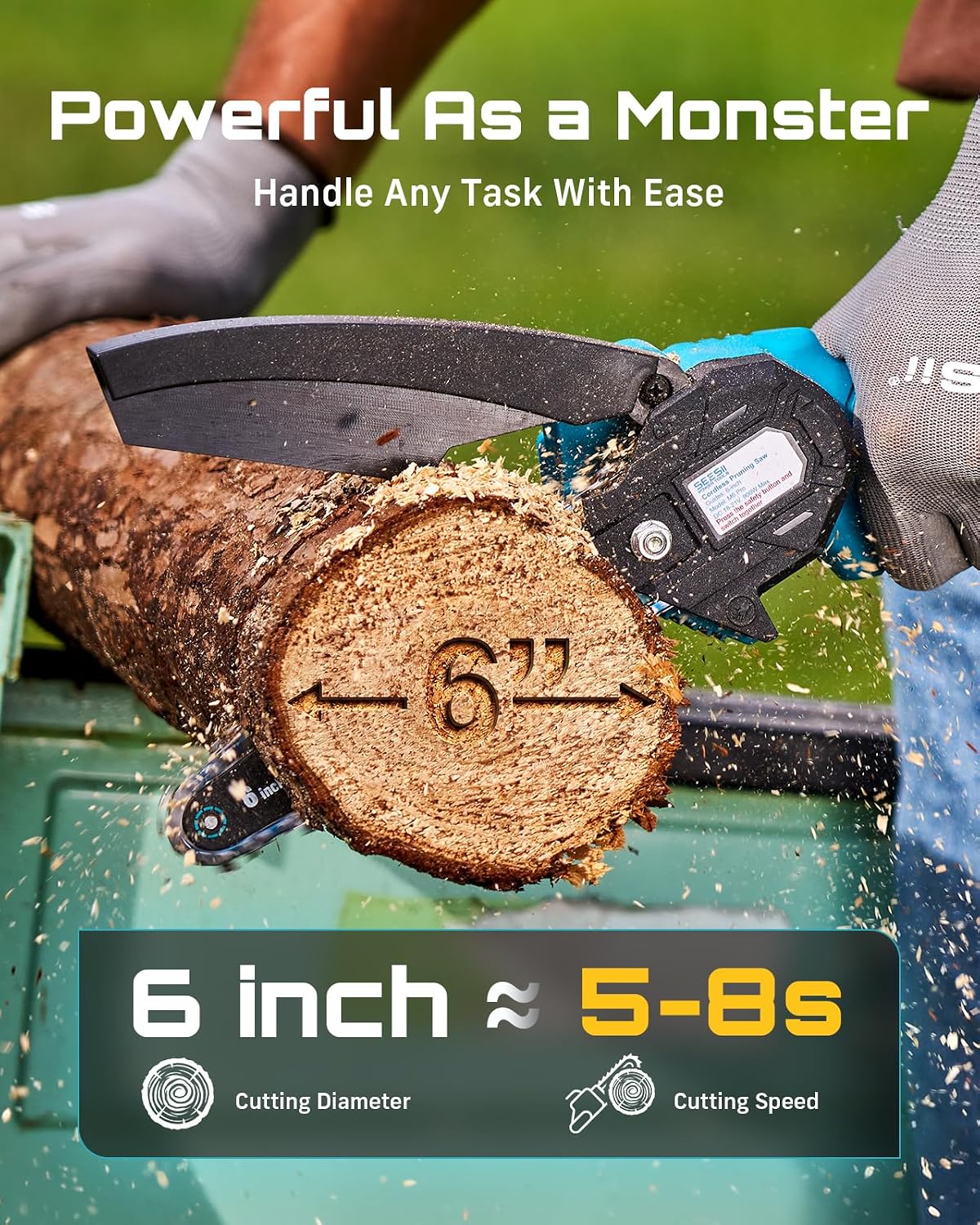 Detalle de Seesii Mini Chainsaw (6-inch, Cordless) With 2 Batteries — Handheld Power Chain Saw for Tree Trimming and Wood Cutting