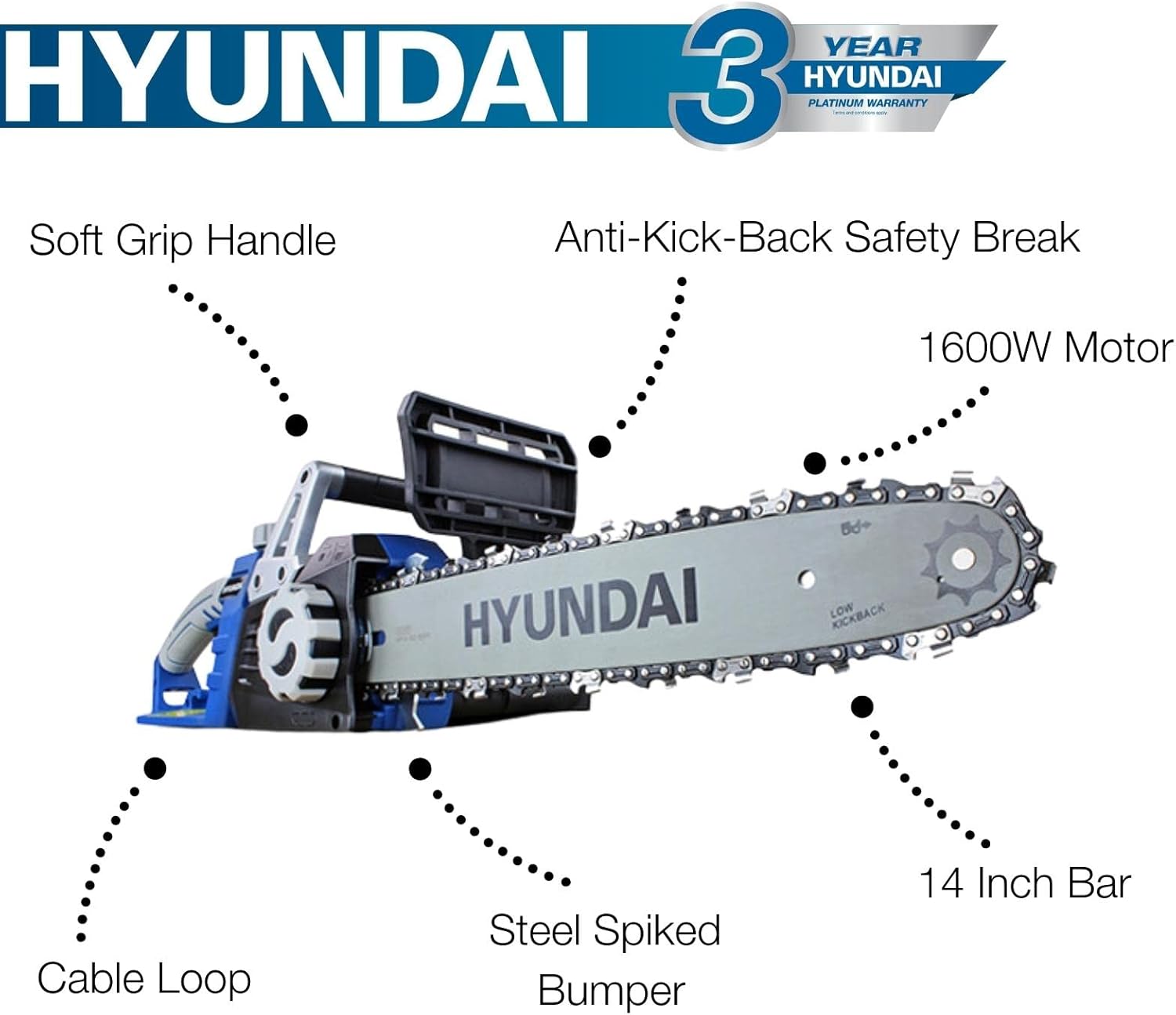 Thumbnail 5 de Hyundai 1600W 14" Electric Chainsaw (35cm) – 230V corded chainsaw with automatic chain lubrication & 3m cable