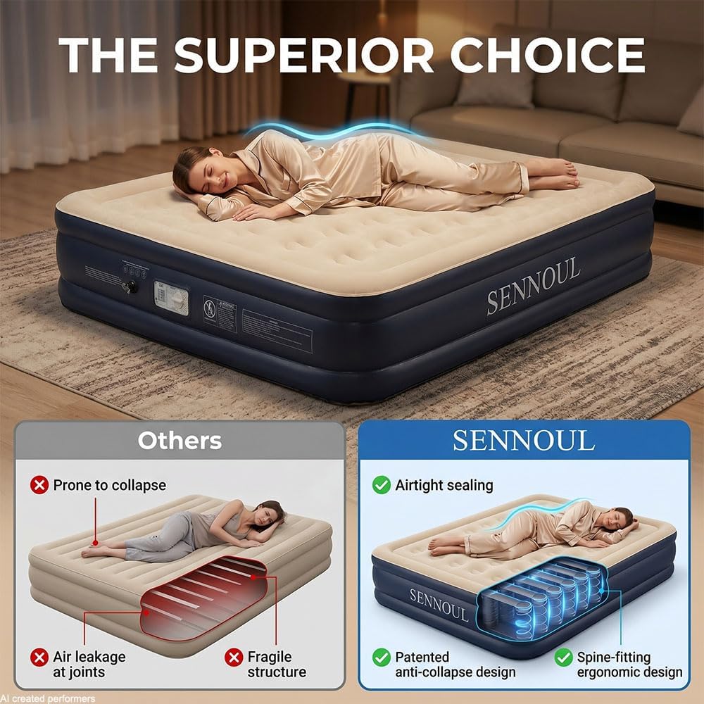 Detalle de SENNOUL Air Mattress Queen 16" inflatable bed