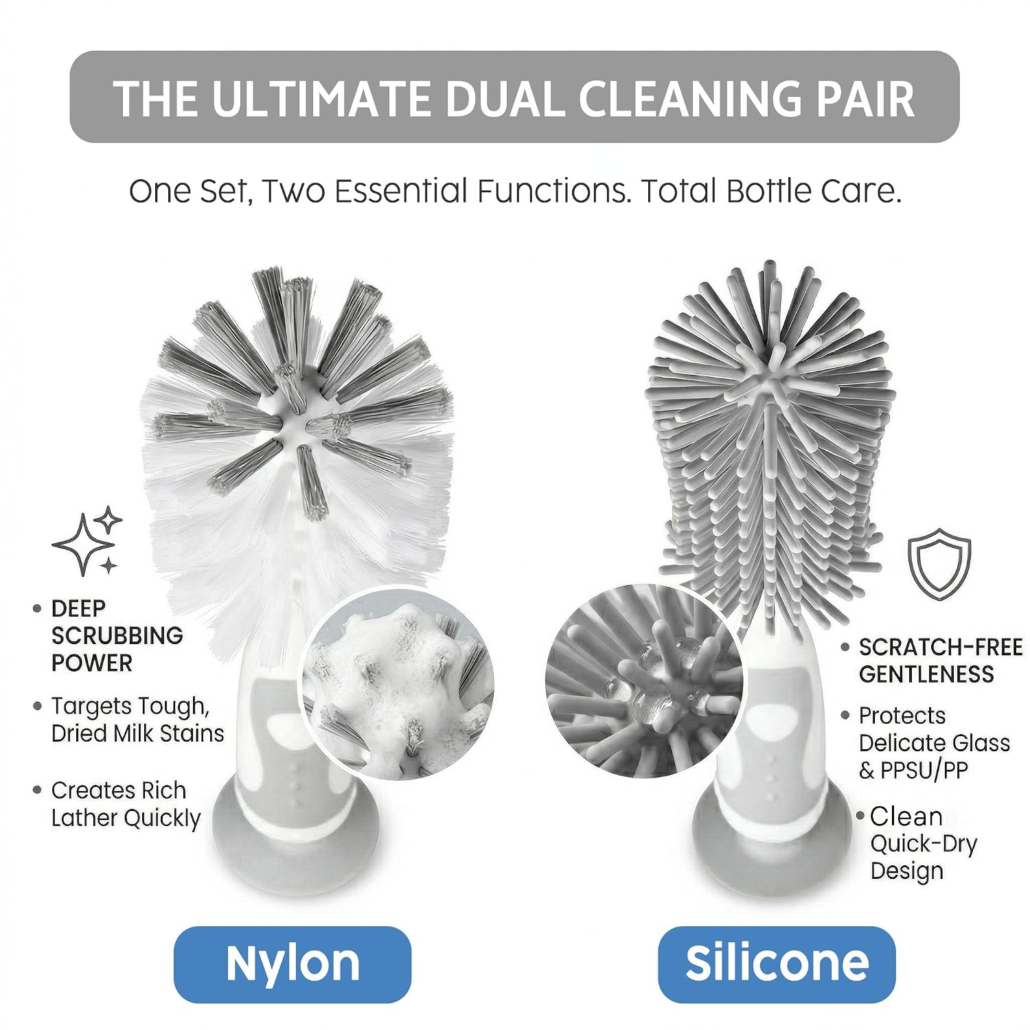 Detalle de Ariseno 7-in-1 Baby Bottle Cleaner Set with Nylon & Silicone Brushes, Gray