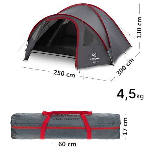 Detalle de JUSTCAMP Scott Camping Zelt 4 Personen – Großes Kuppelzelt mit Schlafkabine, Vorraum und Moskitonetz
