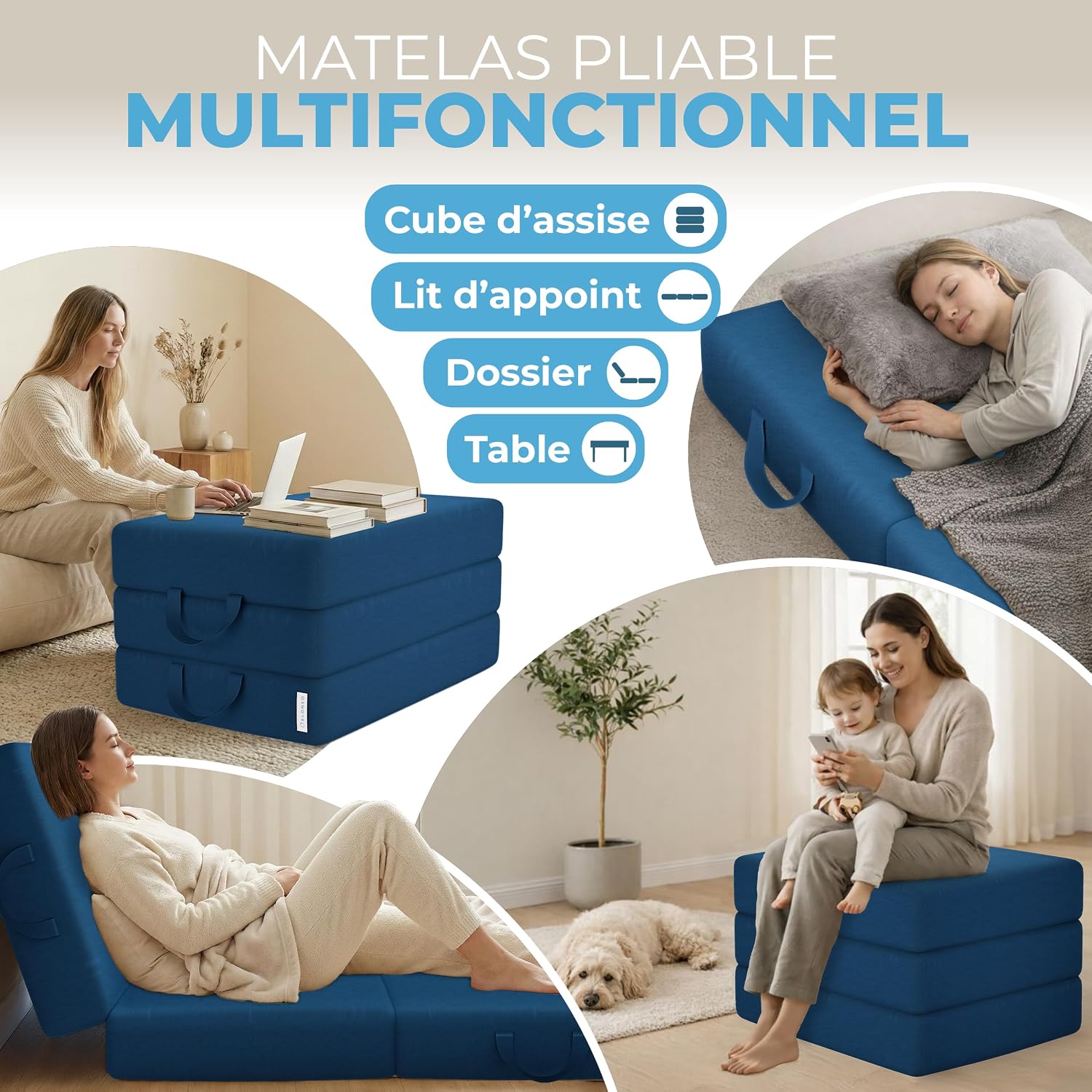 Detalle de ELONEO Matelas Pliant 90x200 cm – Matelas d'appoint pliable en 3 parties, mousse 15 cm, lavable et pliable en cube