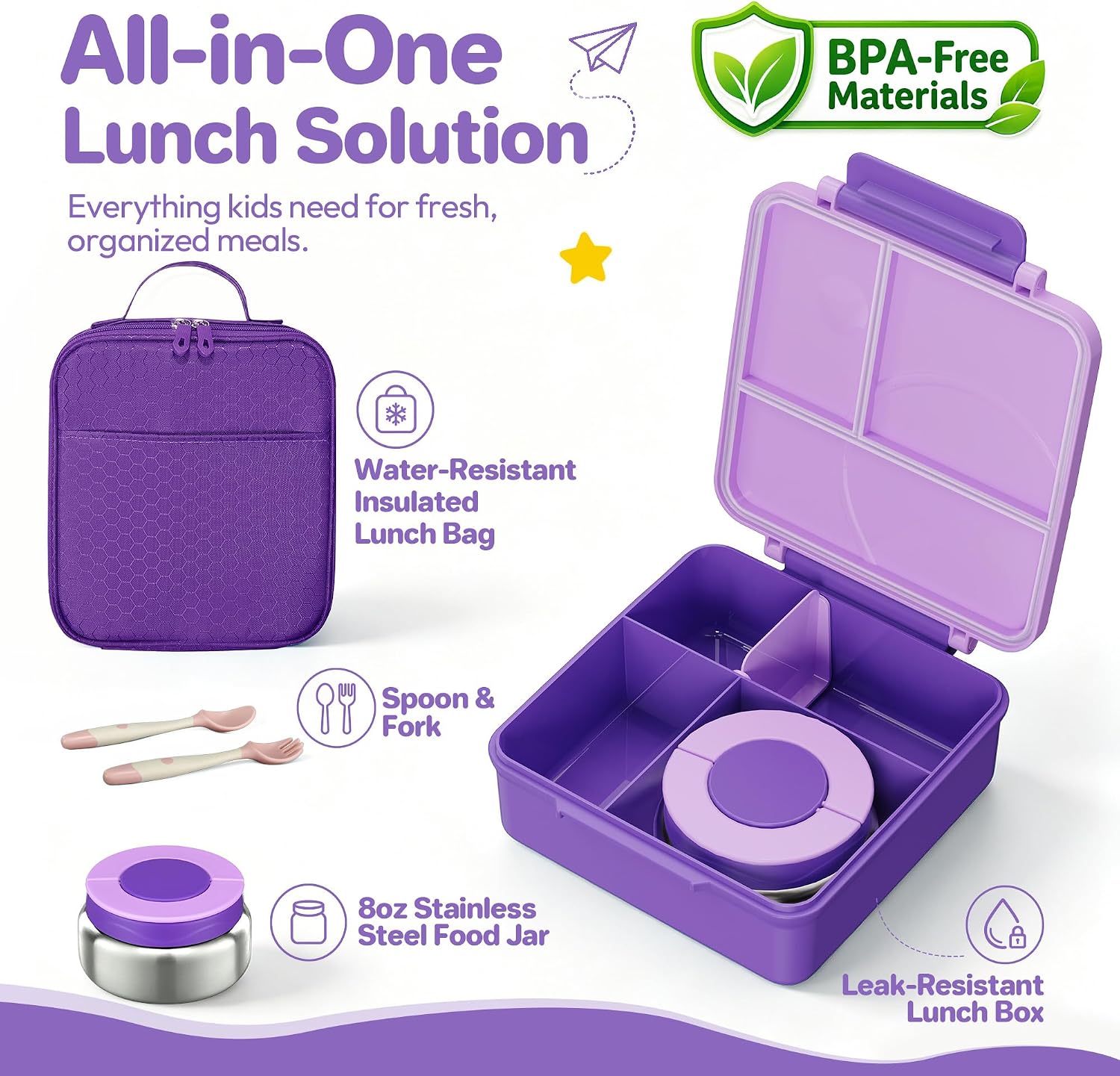 Thumbnail 1 de Kids Bento Lunch Box Set with 8oz Soup Thermo (Leak-Proof) + 4-Compartment Containers, Insulated Lunch Bag - Purple