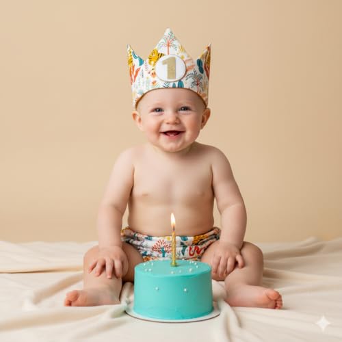 Detalle 2 de Conjunto Cumpleaños 1 año – Regalo bebé Surikatokids: Corona ajustable, Cubrepañal reversible y algodón orgánico