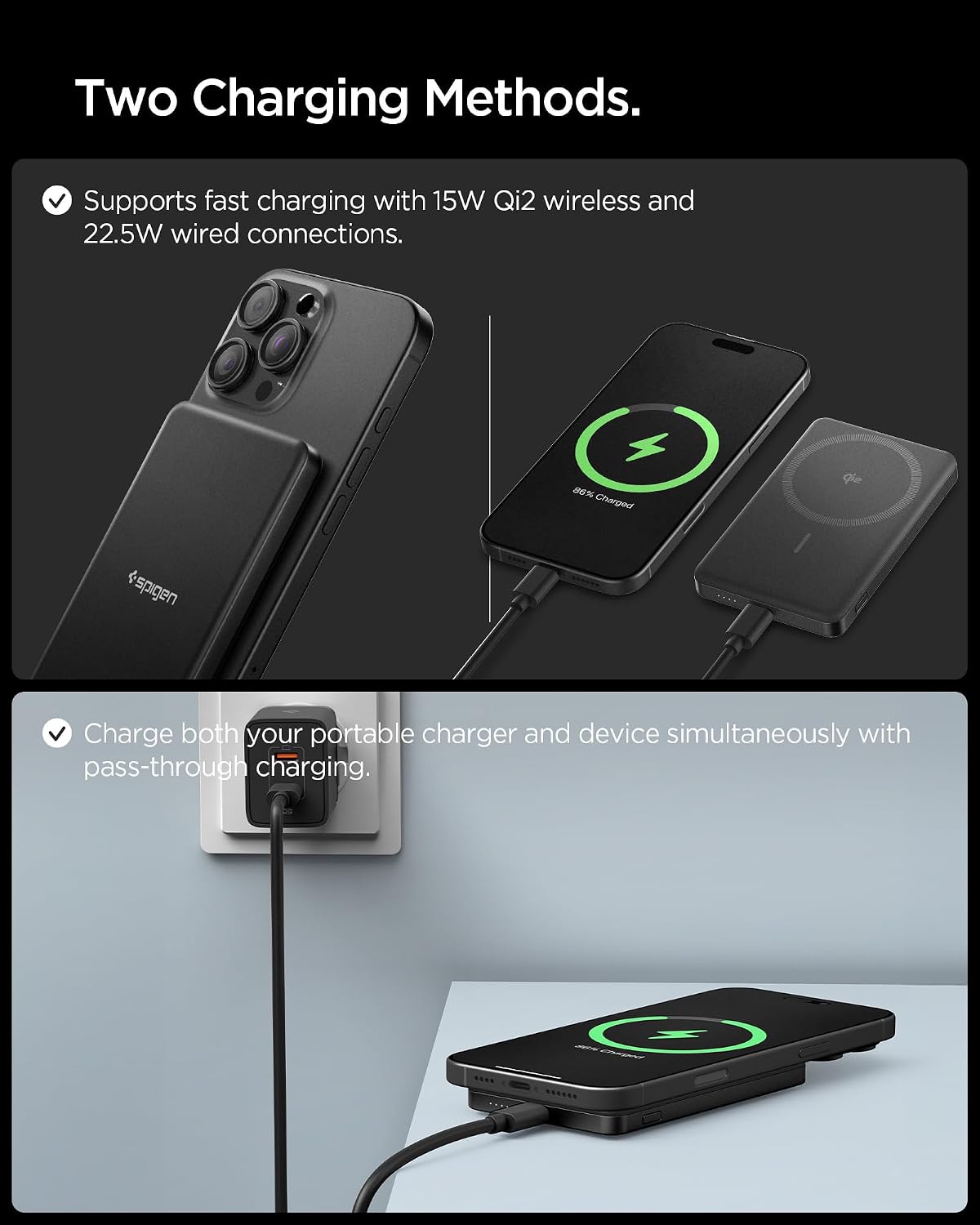 Detalle 2 de Spigen Essential Qi2 Power Bank Wireless 5.000 mAh da 22,5W con MagSafe (Qi2) – Nero