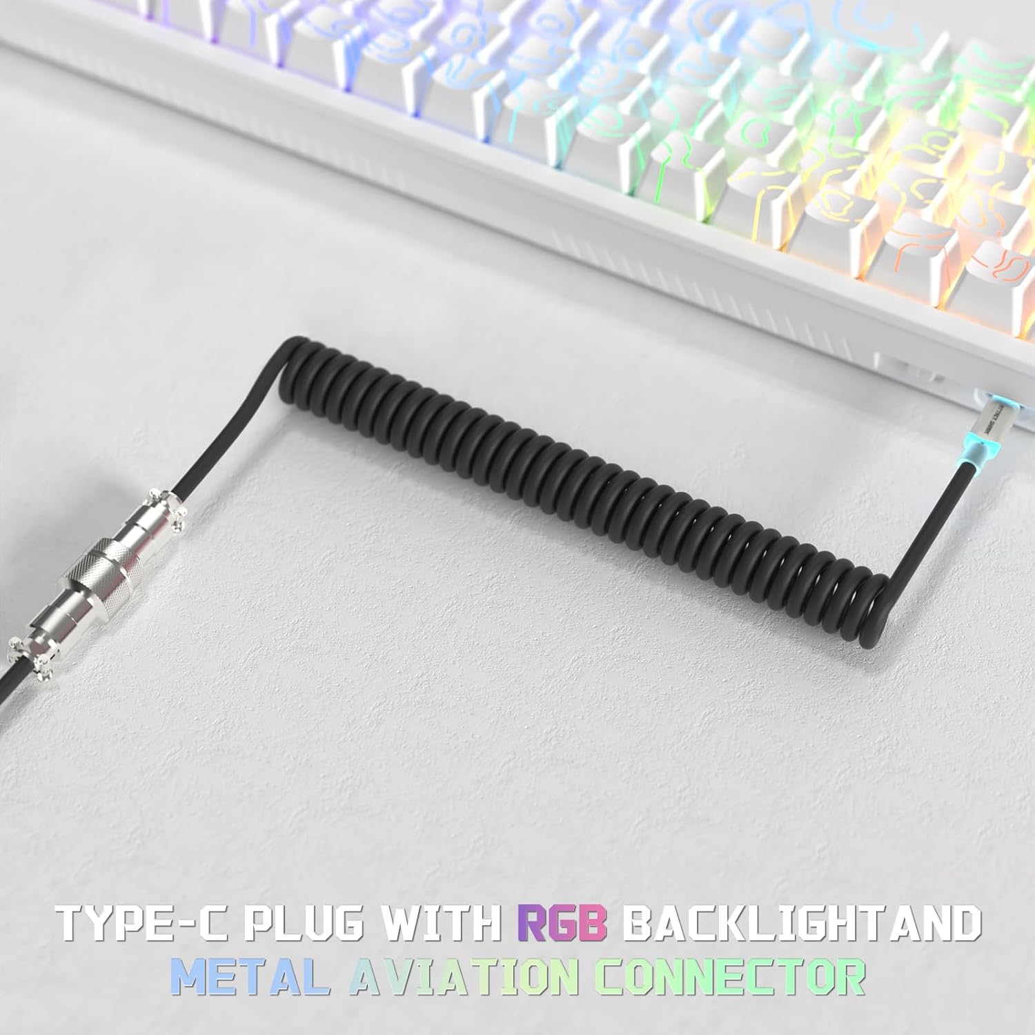 Detalle de ATTACK SHARK C01 ULTRA RGB-Spiralkabel für Gaming-Tastaturen – USB-C auf USB-A, TPU, Aviator-Stecker, Schwarz