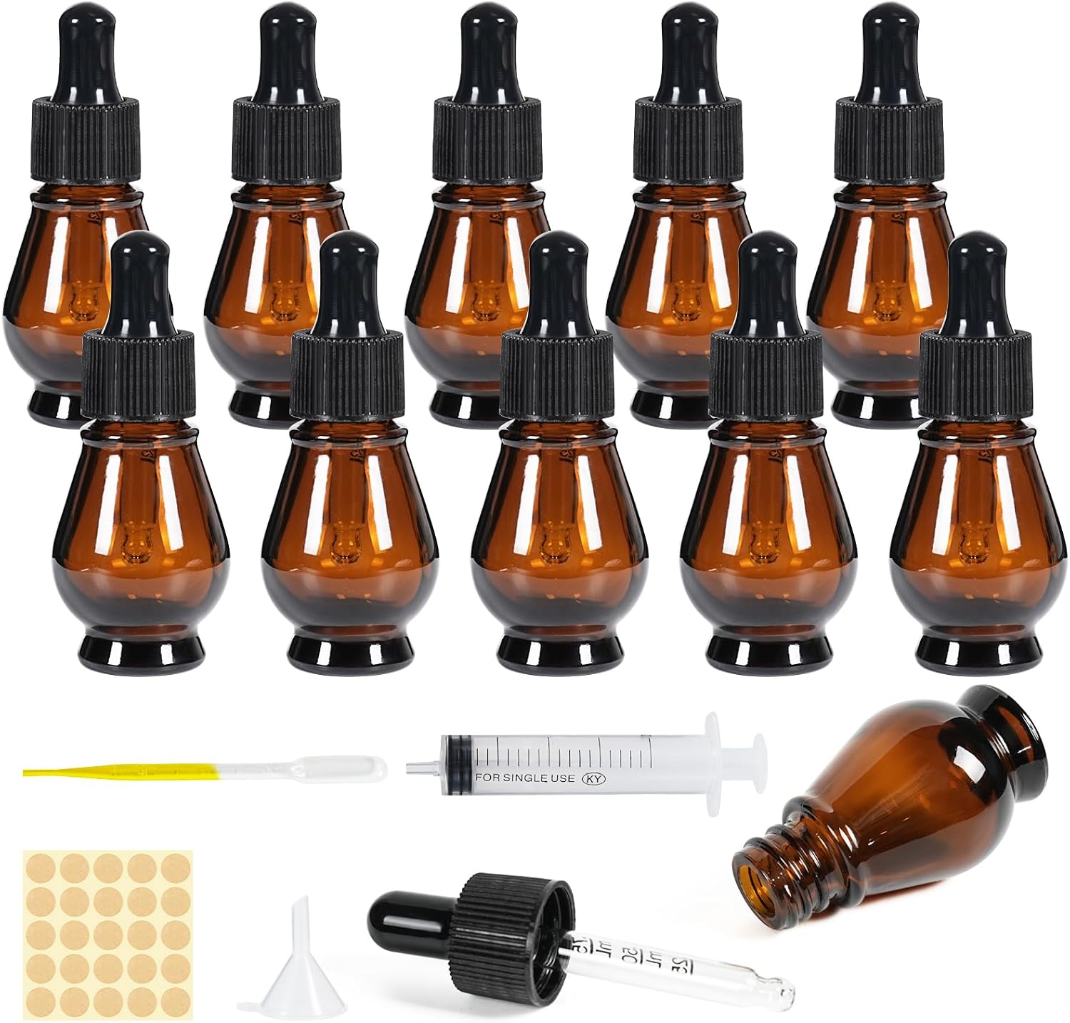 Nadisean 10ml Pear Shaped Amber Glass Dropper Bottles (10 Pack) with Accessories