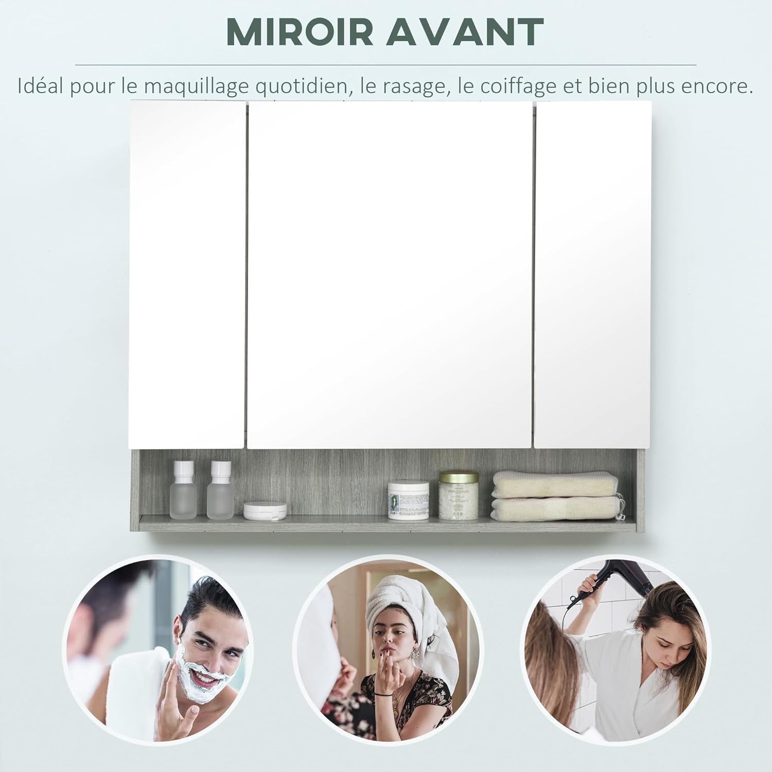 Thumbnail 6 de kleankin Armoire murale de salle de bain avec miroir et 3 portes, 90 x 15 x 75 cm, gris