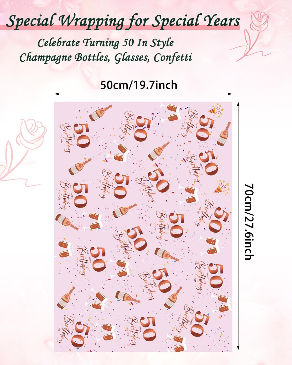 Detalle de Vinuwu 6 Sheets 50th Birthday Wrapping Paper – 70x50cm, Rose Gold Pink, Plastic Free & Recyclable
