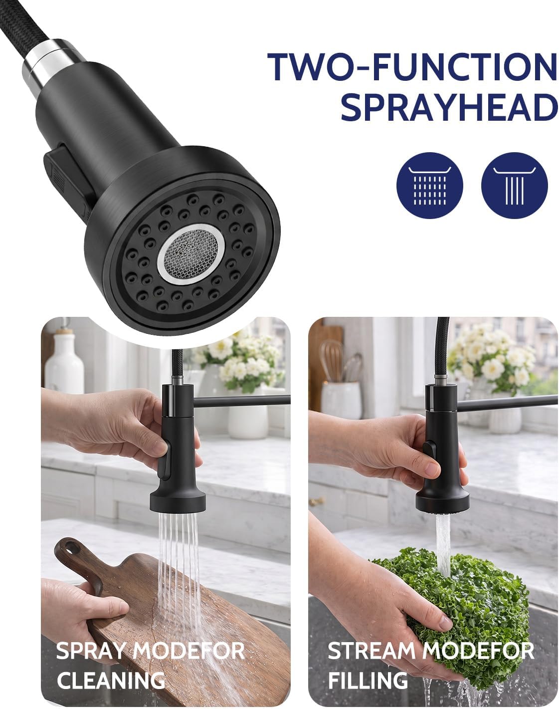 Detalle de LUFEIDRA LKF007D1S1MB Pull-Down Kitchen Faucet, Matte Black, Dual Spray