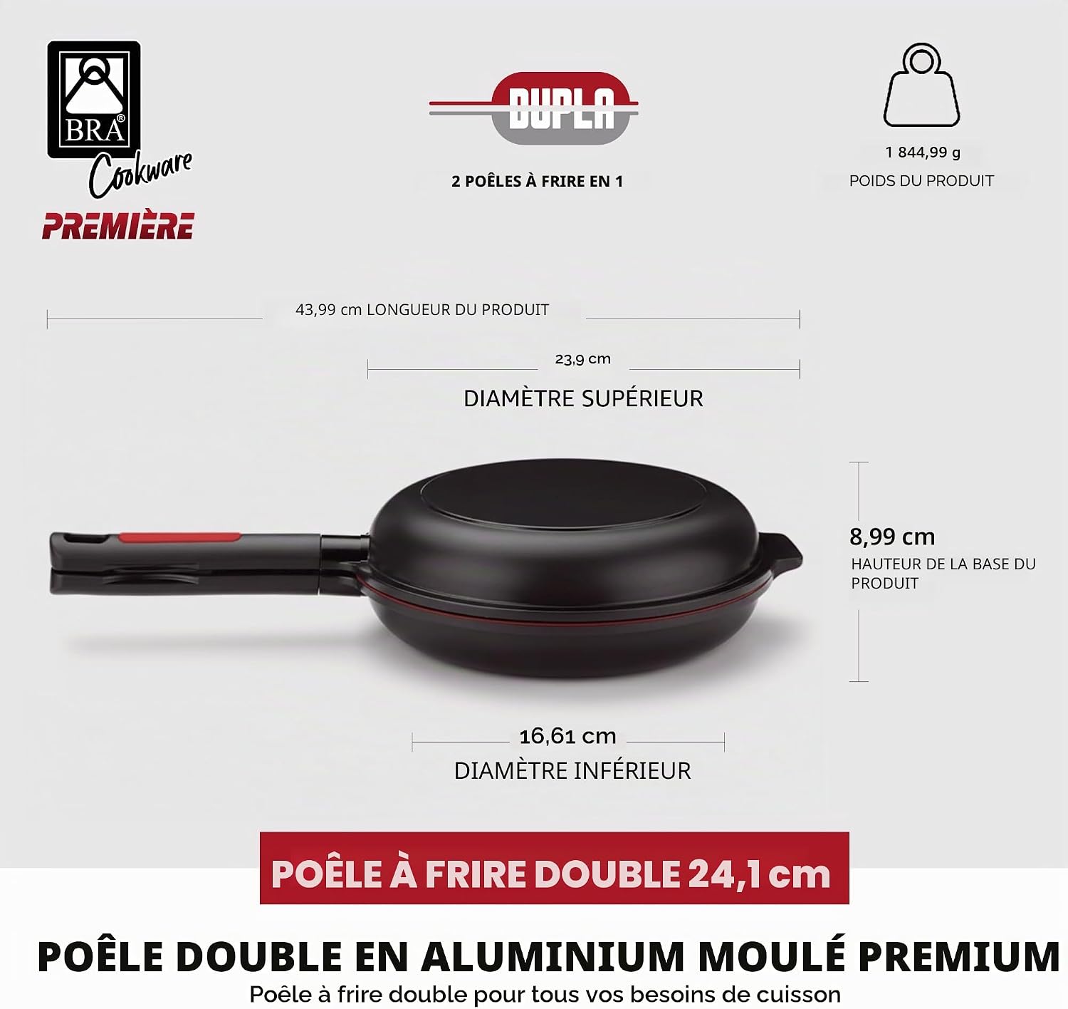 Detalle de BRA Dupla Premiere Poêle Double à Omelette 24 cm – Noir, aluminium moulé, antiadhésif sans PFOA