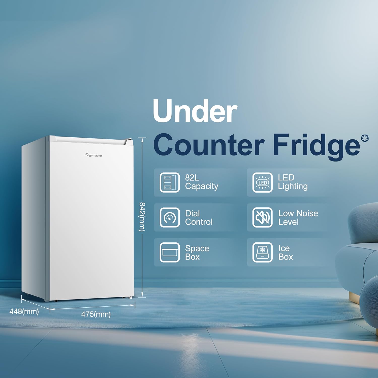 Thumbnail 1 de Fridgemaster MUR4894E 82L under counter fridge with LED lighting, adjustable temperature and reversible door