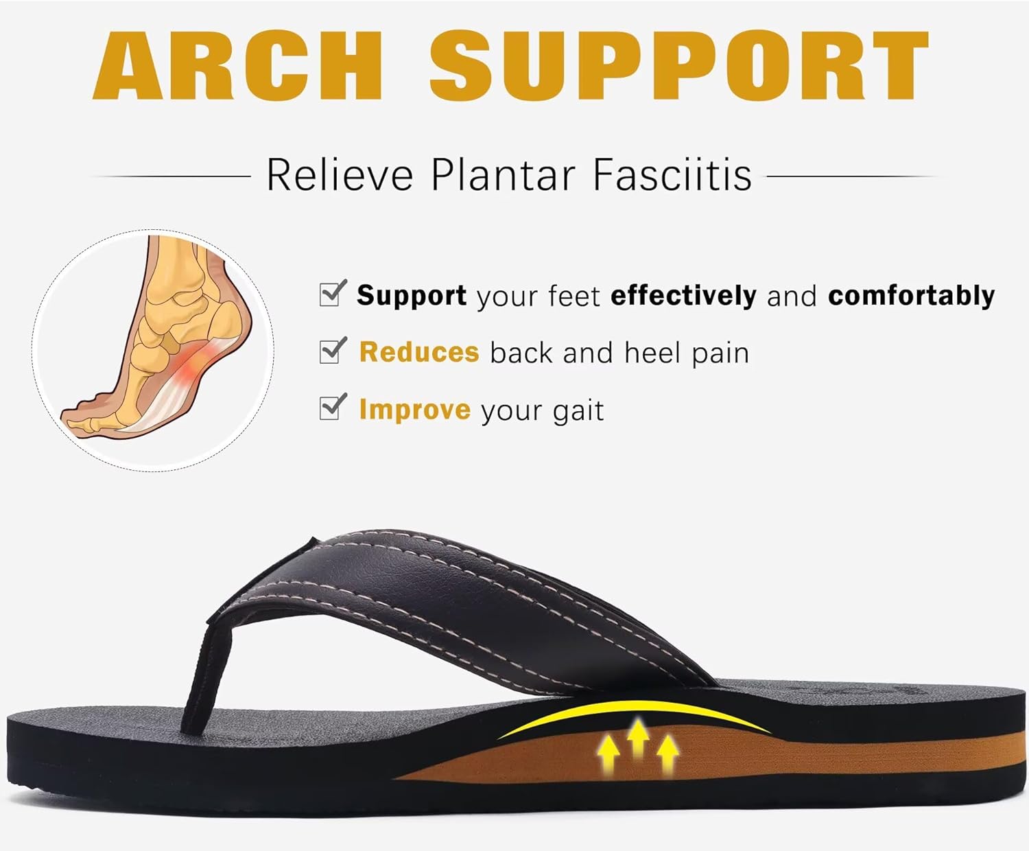 Detalle 2 de KuaiLu men’s leather arch support flip flops – cushioned wide-fit beach sandals with non-slip sole