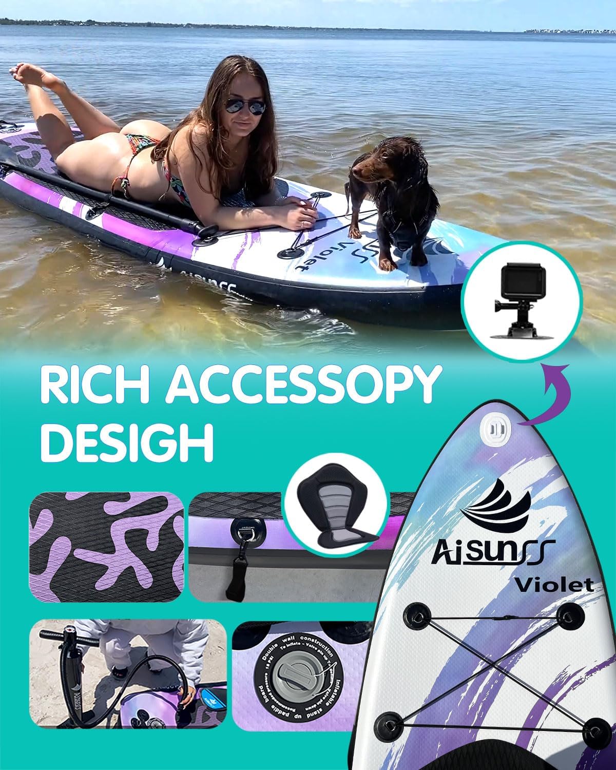 Thumbnail 3 de AISUNSS Aufblasbares Paddleboard Purple Coral – Breites, stabiles SUP-Board-Set mit umfangreichem Zubehör