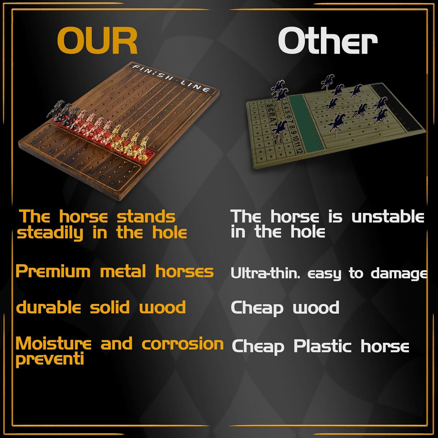 Thumbnail 3 de Jyquorp Horse Race Board Game (Rustic Brown) with 11 Metal Horses, 2 Dice, and Card Boxes
