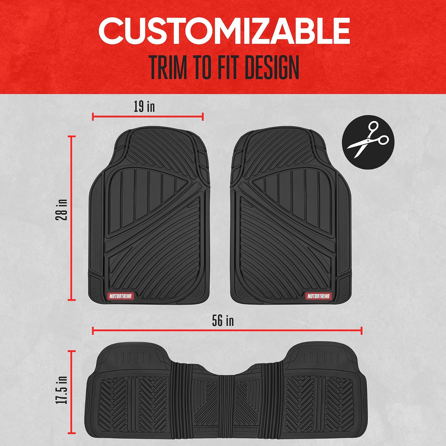 Detalle de Motor Trend FlexTough All Weather Rubber Car Floor Mats — 3 Piece Set (Black)