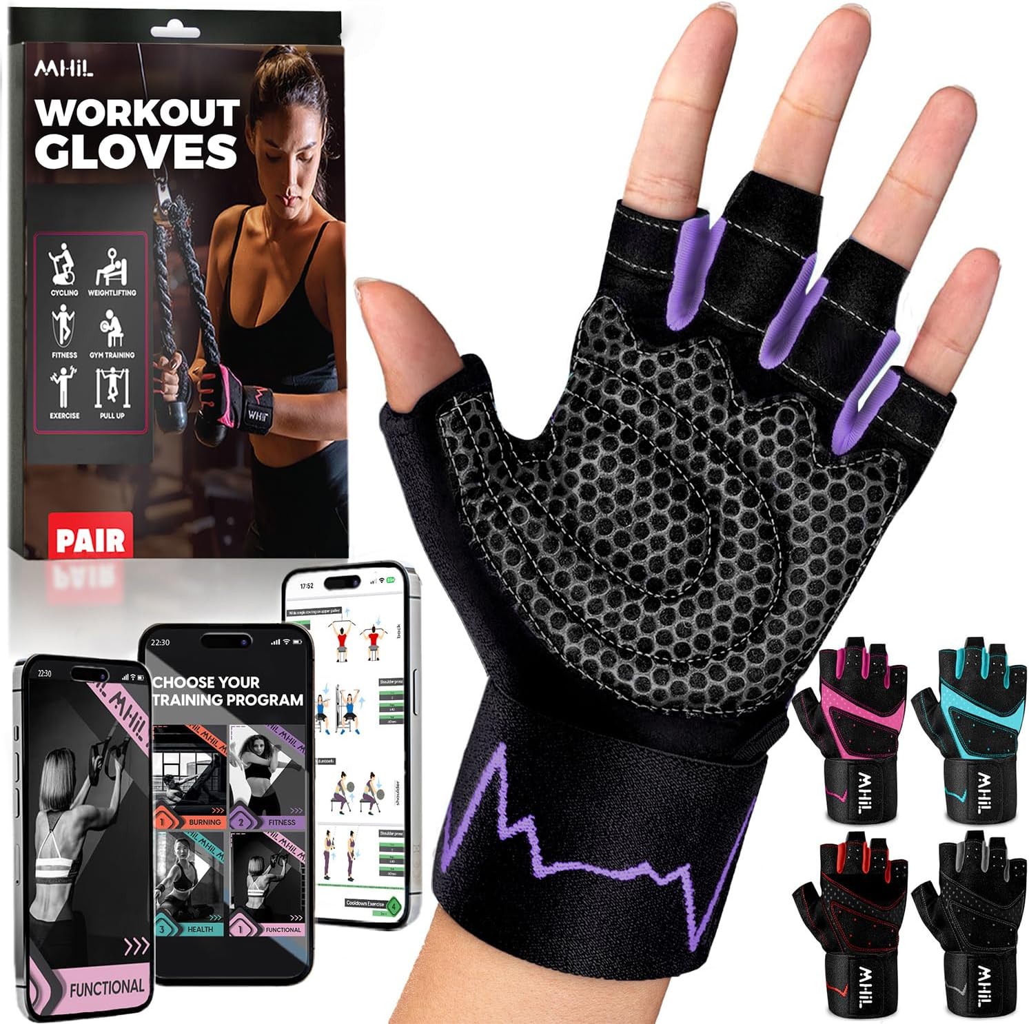 Detalle de MhIL B9417 Workout Gloves, Purple Silicone Grip, Padding and Wrist Wraps