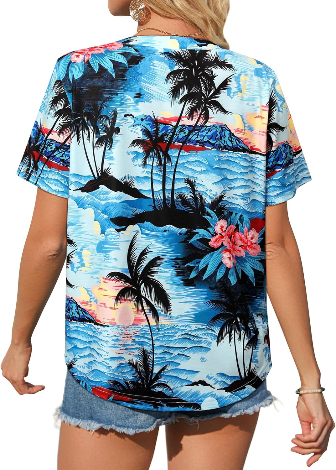 Detalle de WIEIYM Womens Hawaiian Floral V-Neck Short Sleeve Shirt