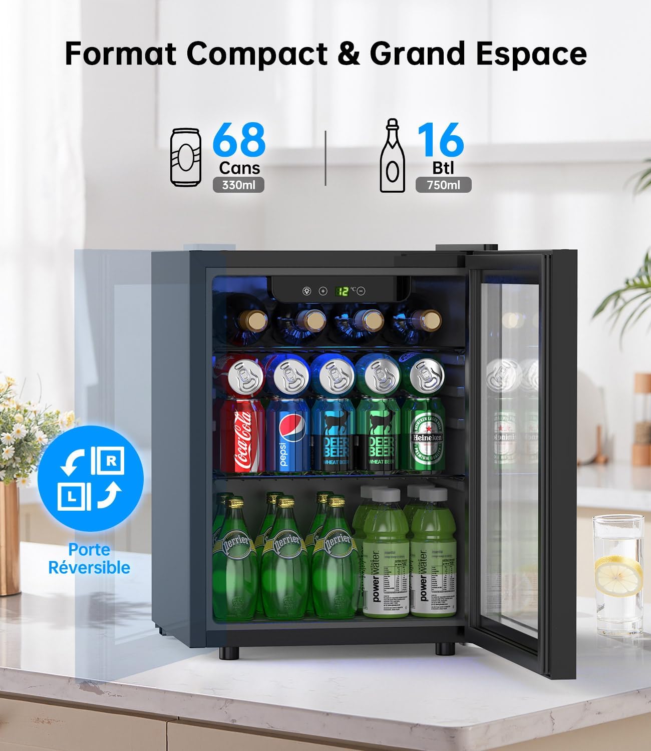 Detalle de WIE Boisson Réfrigérée 48L : armoire vitrine compacte pour 68 canettes et bouteilles