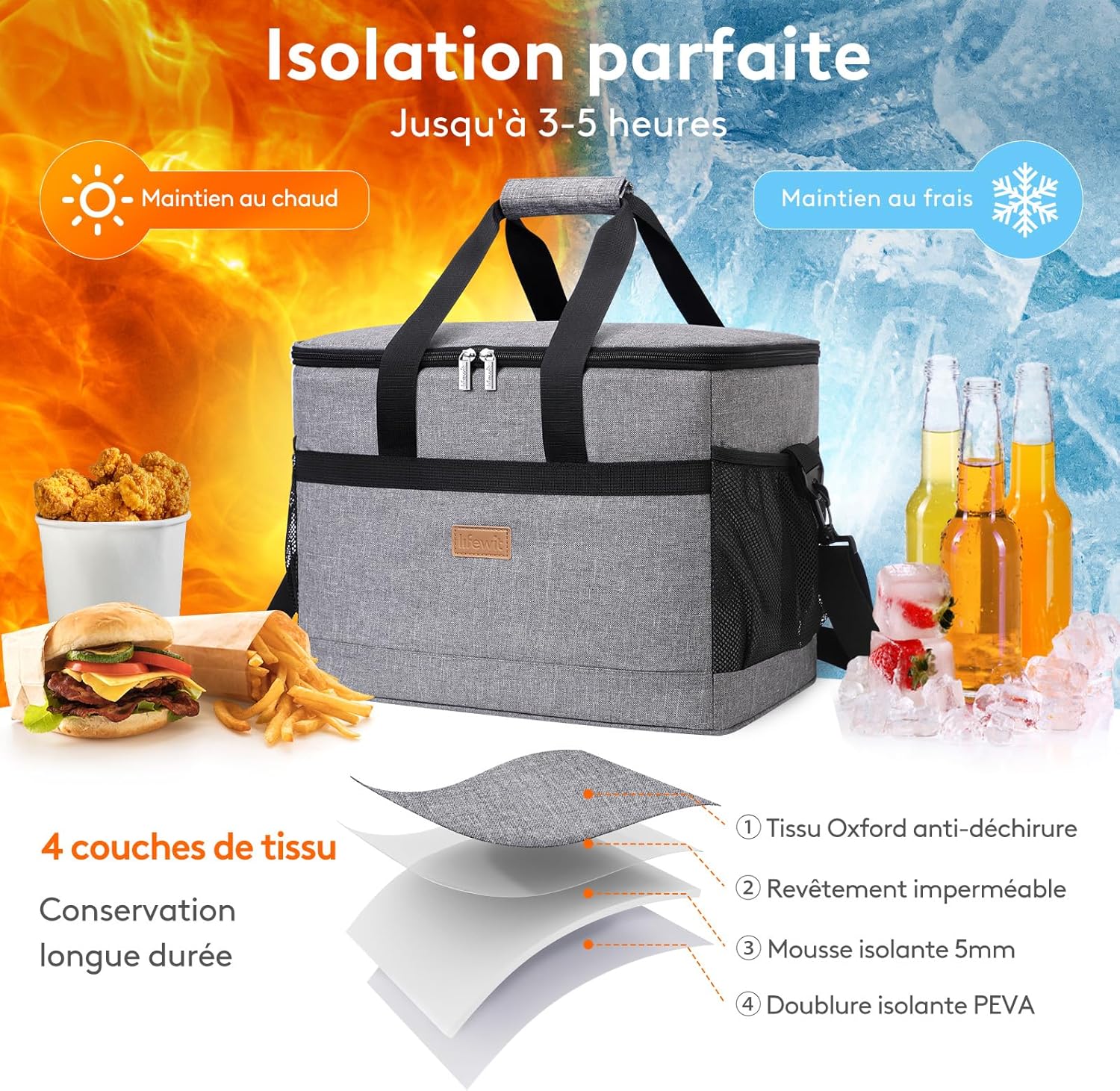 Detalle de Lifewit Sac Isotherme 30L (grand format) en gris – glacière souple portable pour pique-nique, plage et camping