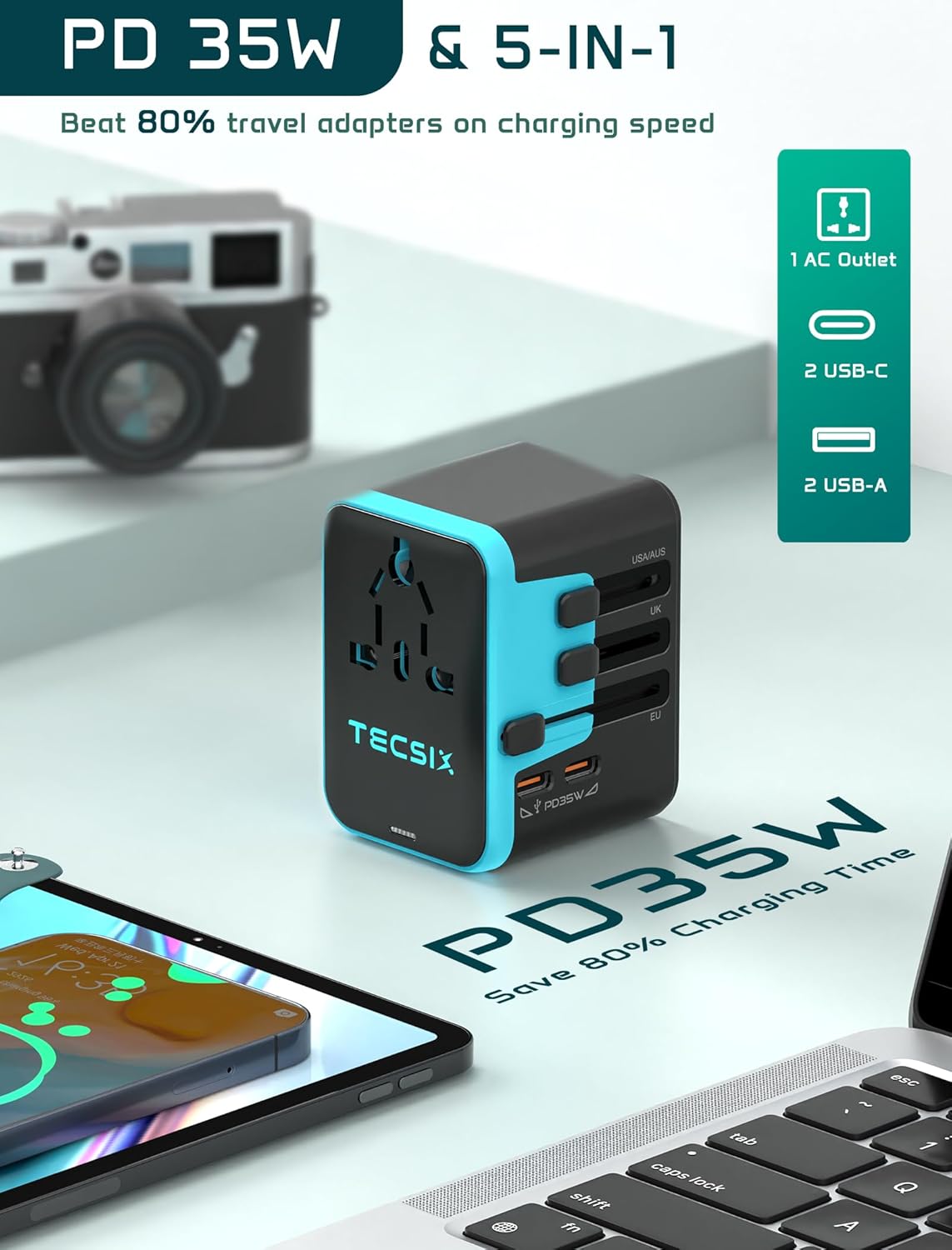 Thumbnail 4 de TECSIX Reiseadapter Weltweit – universeller Reisestecker mit 35W PD, 2× USB-C, 2× USB-A und AC-Steckdose