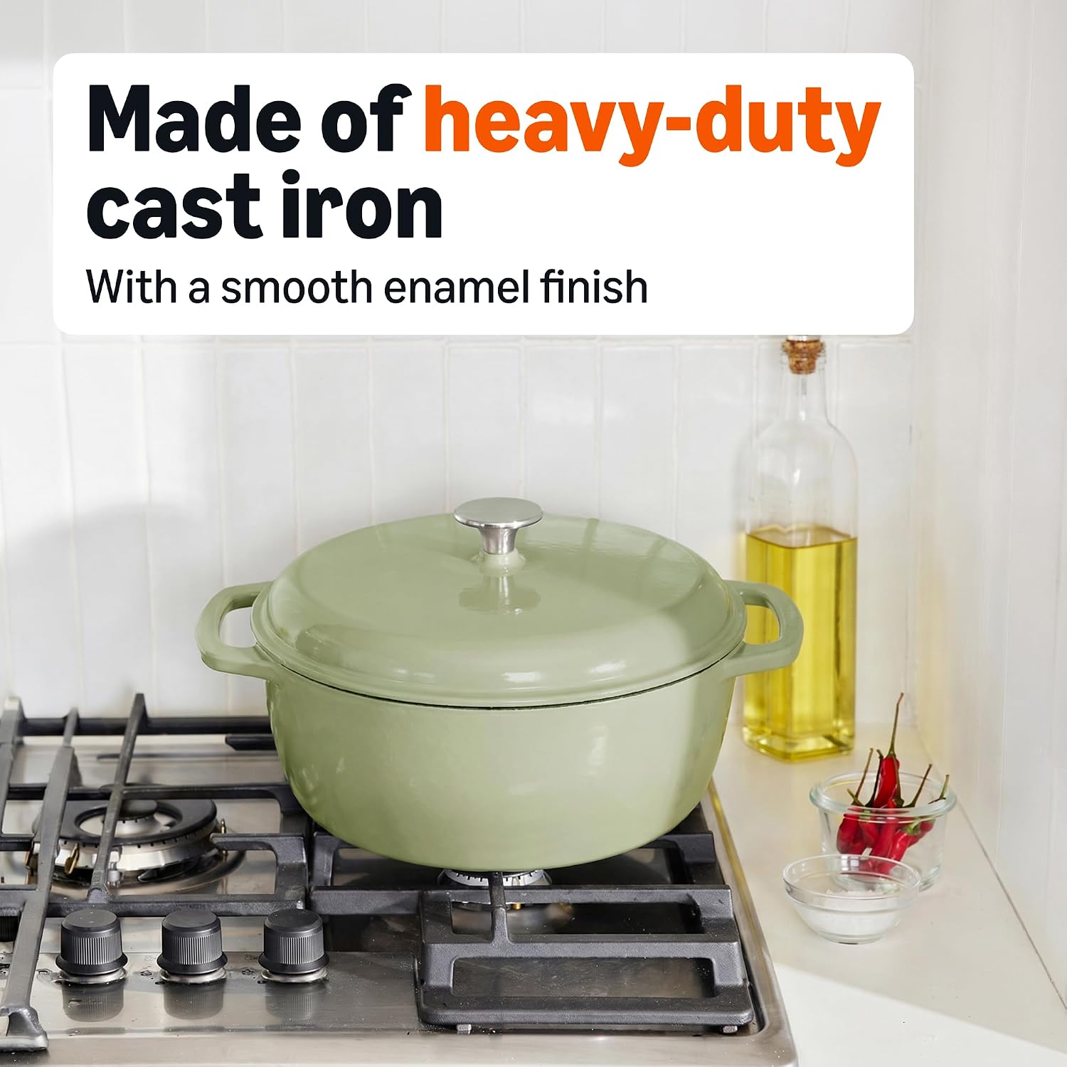 Detalle de Amazon Basics Enamelled Cast Iron Casserole Dish with Lid, Olive, 4.1 L