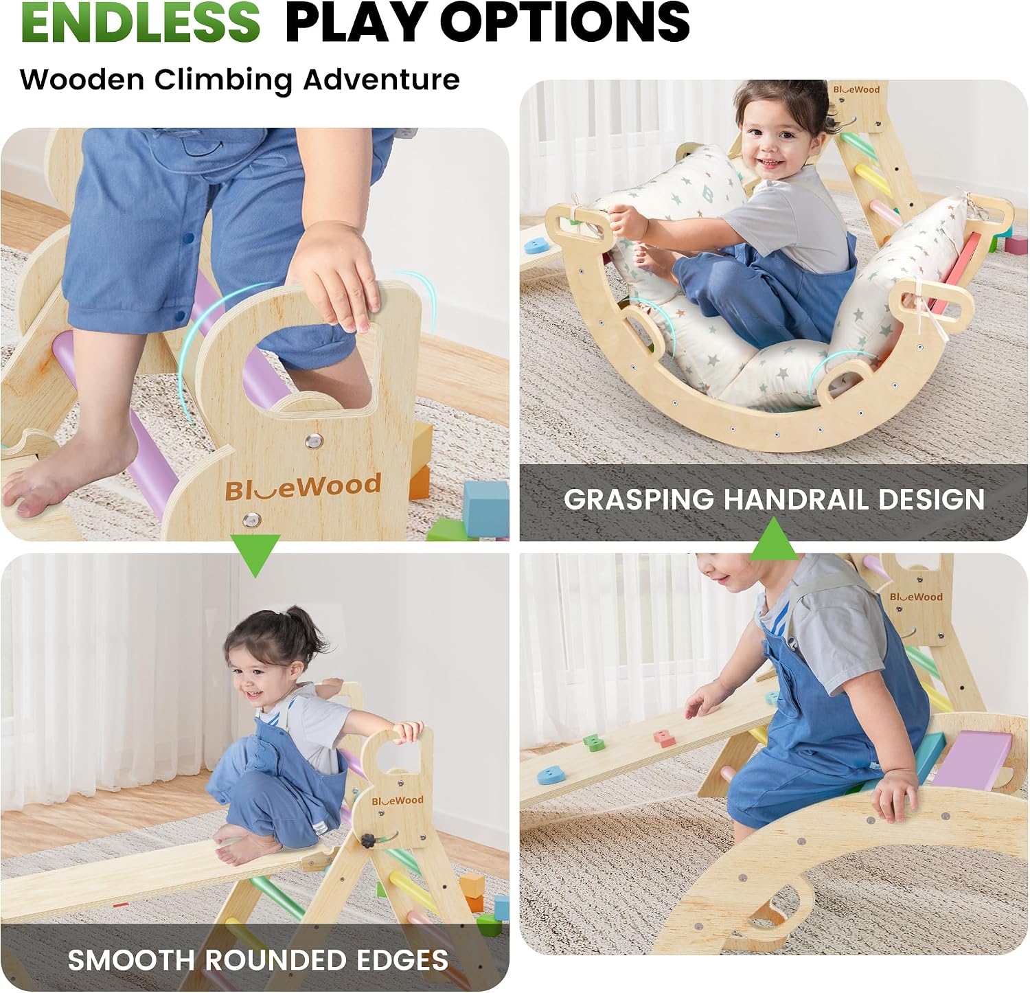 Thumbnail 4 de BlueWood Pikler Triangle Set with Cushion (8-in-1) – Montessori-inspired jungle gym for toddlers