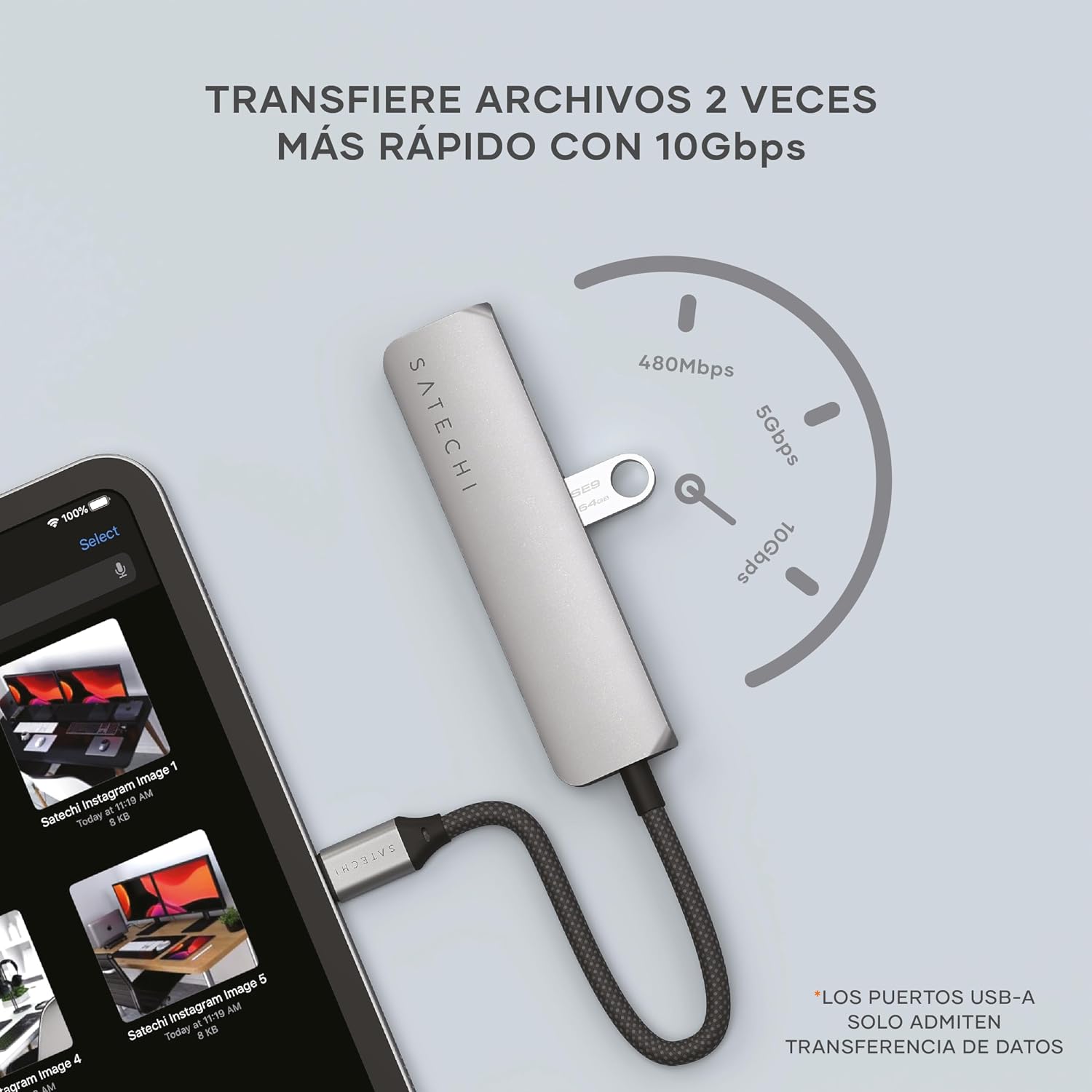 Detalle de SATECHI Hub USB C 4 en 1 Slim Plus 🌐, HDMI 4K, 100W Carga