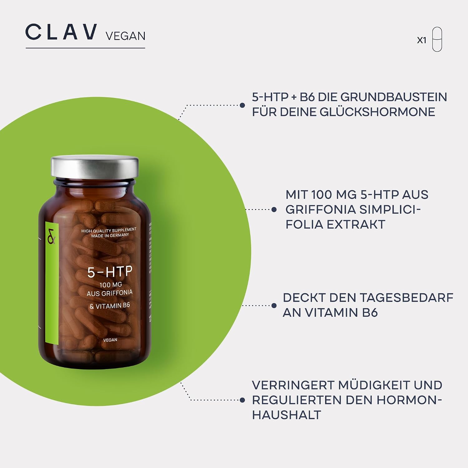 Detalle de CLAV® 5-HTP Kapseln hochdosiert mit Vitamin B6 – 120 Kapseln à 100 mg