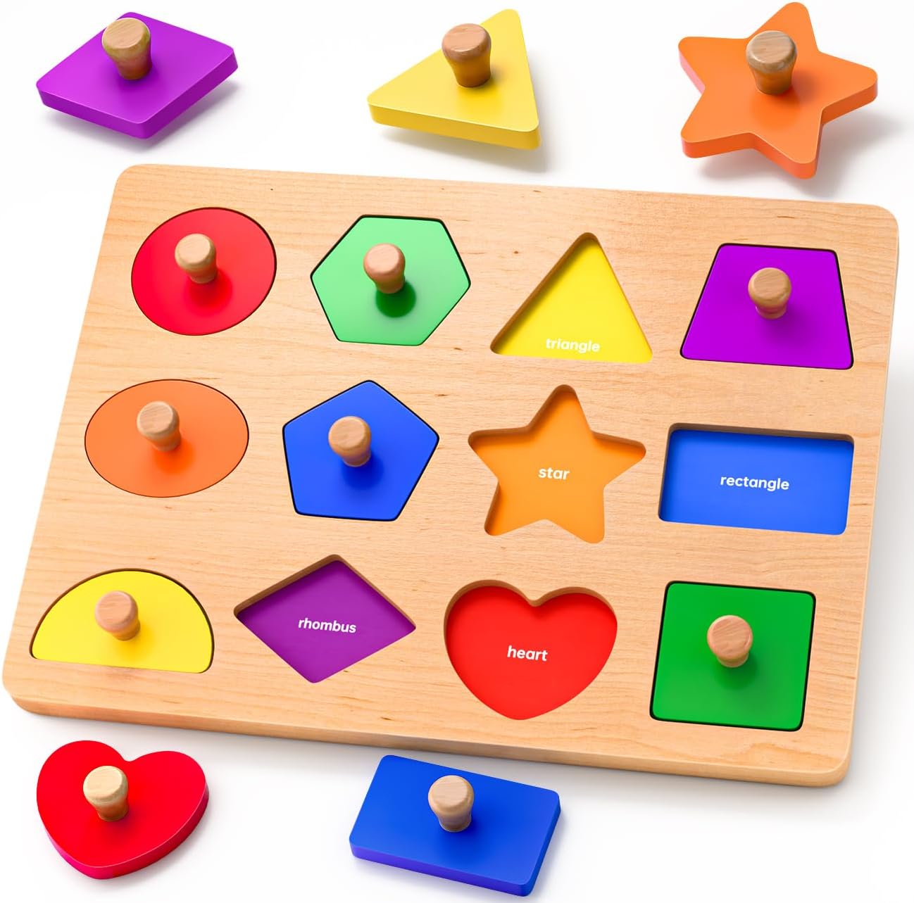 Wooden Shape Peg Puzzles for Toddlers (12–24 Months) – Montessori-style shape sorter & colour match wooden board