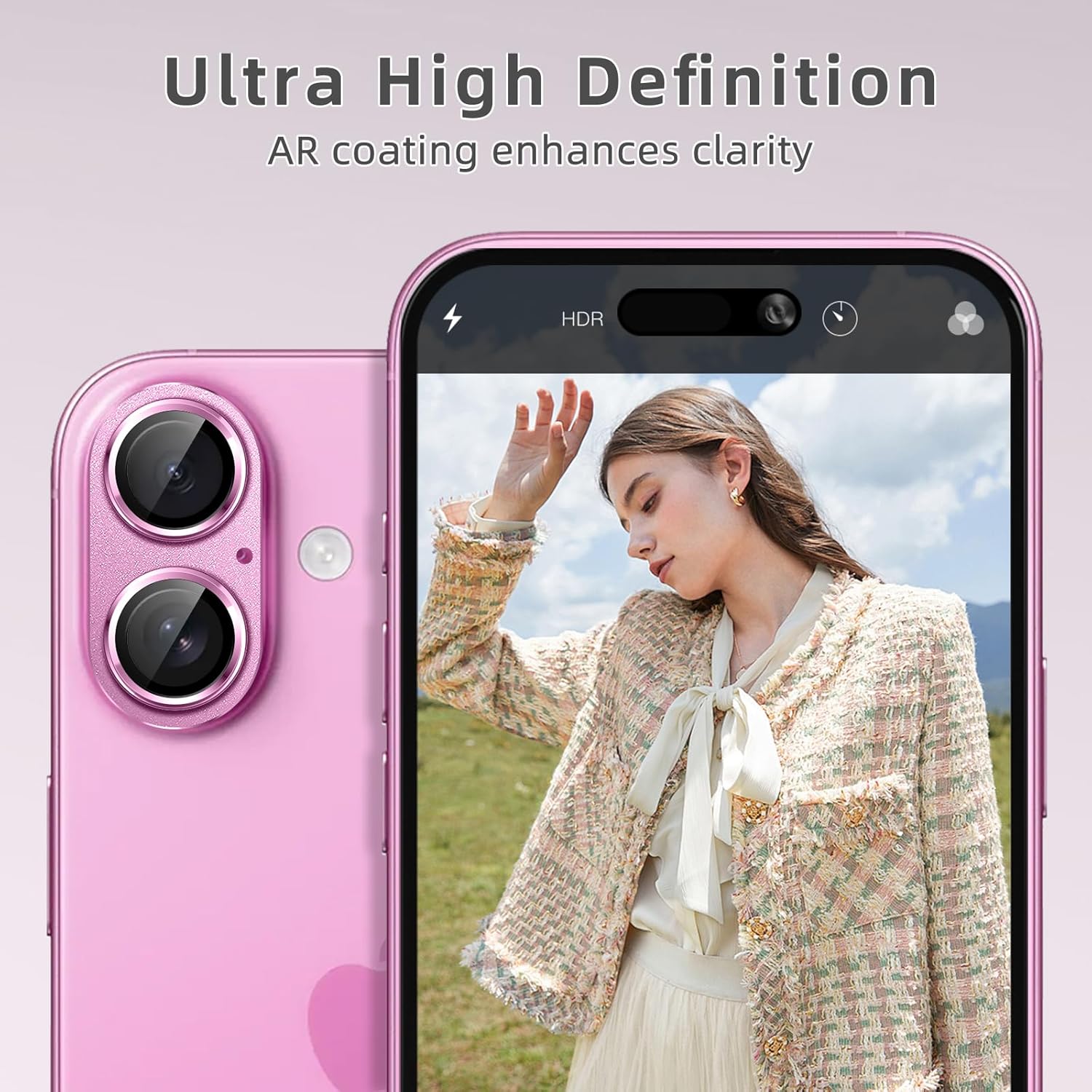 Detalle de SumRioo Kameraschutz für iPhone 16/16 Plus – Kamera-Panzerglasfolie aus Aluminiumlegierung, 9H Härte, rosa