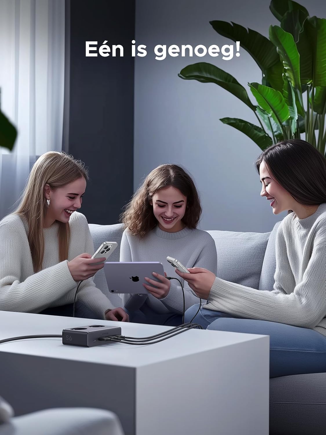 Detalle de UGREEN 6-in-1 stekkerdoos met 20W USB-C, schakelaar en overspanningsbeveiliging