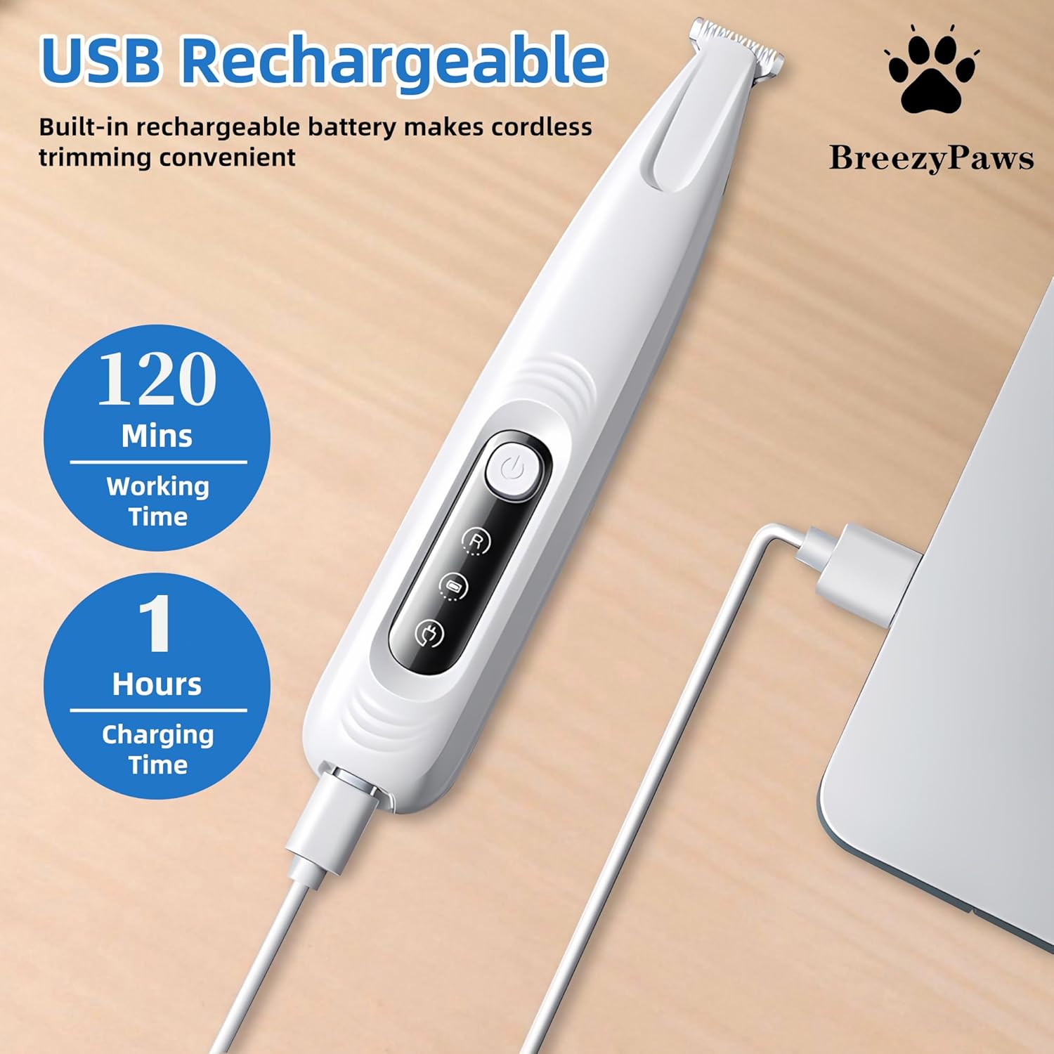 Detalle 2 de Pet Dog Cat Paw Trimmer & Grooming Kit with LED Light – 5-in-1, Quiet, Waterproof, USB Rechargeable