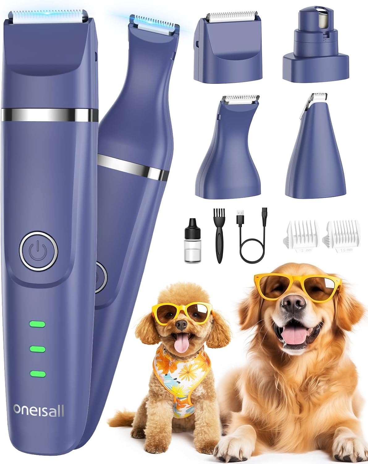 Detalle de oneisall 4in1 Leise Schermaschine für Hund & Katze – wiederaufladbar mit 4 Multifunktions-Schneidköpfen