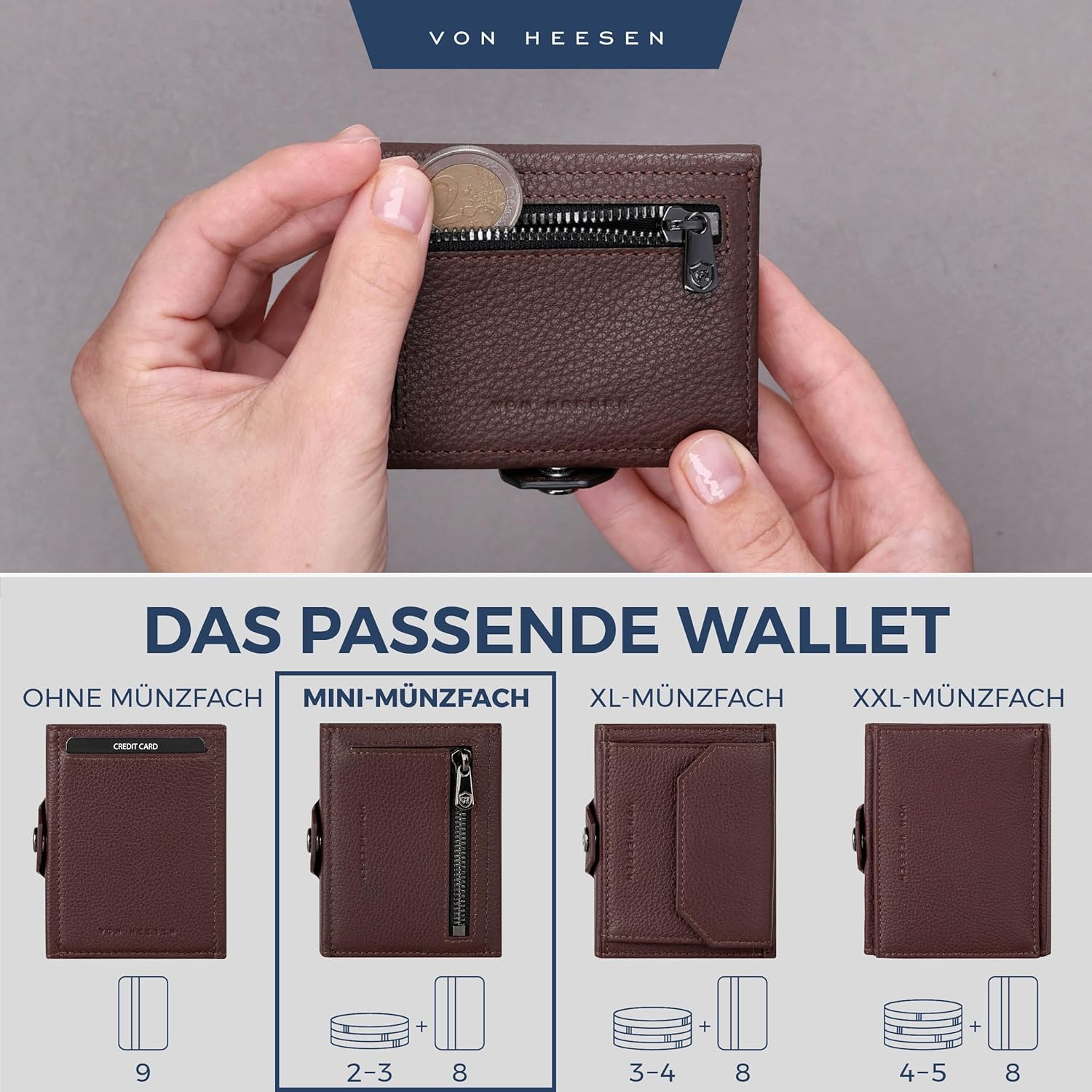 Thumbnail 5 de VON HEESEN Slim Wallet mit Münzfach & RFID-Schutz – kompakte Leder-Geldbörse braun