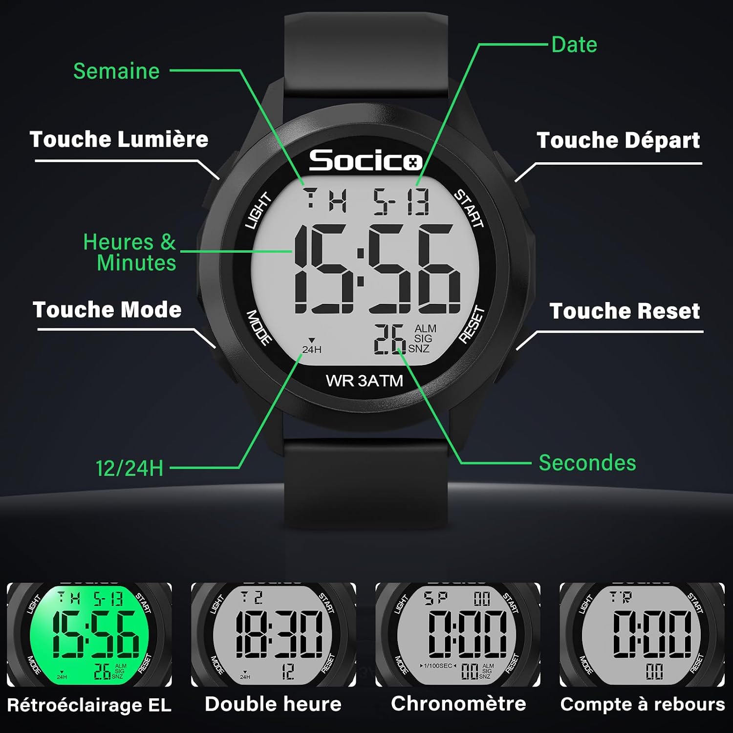 Detalle de SOCICO Montre Numérique Homme Étanche Look Militaire, Double Temps Chrono