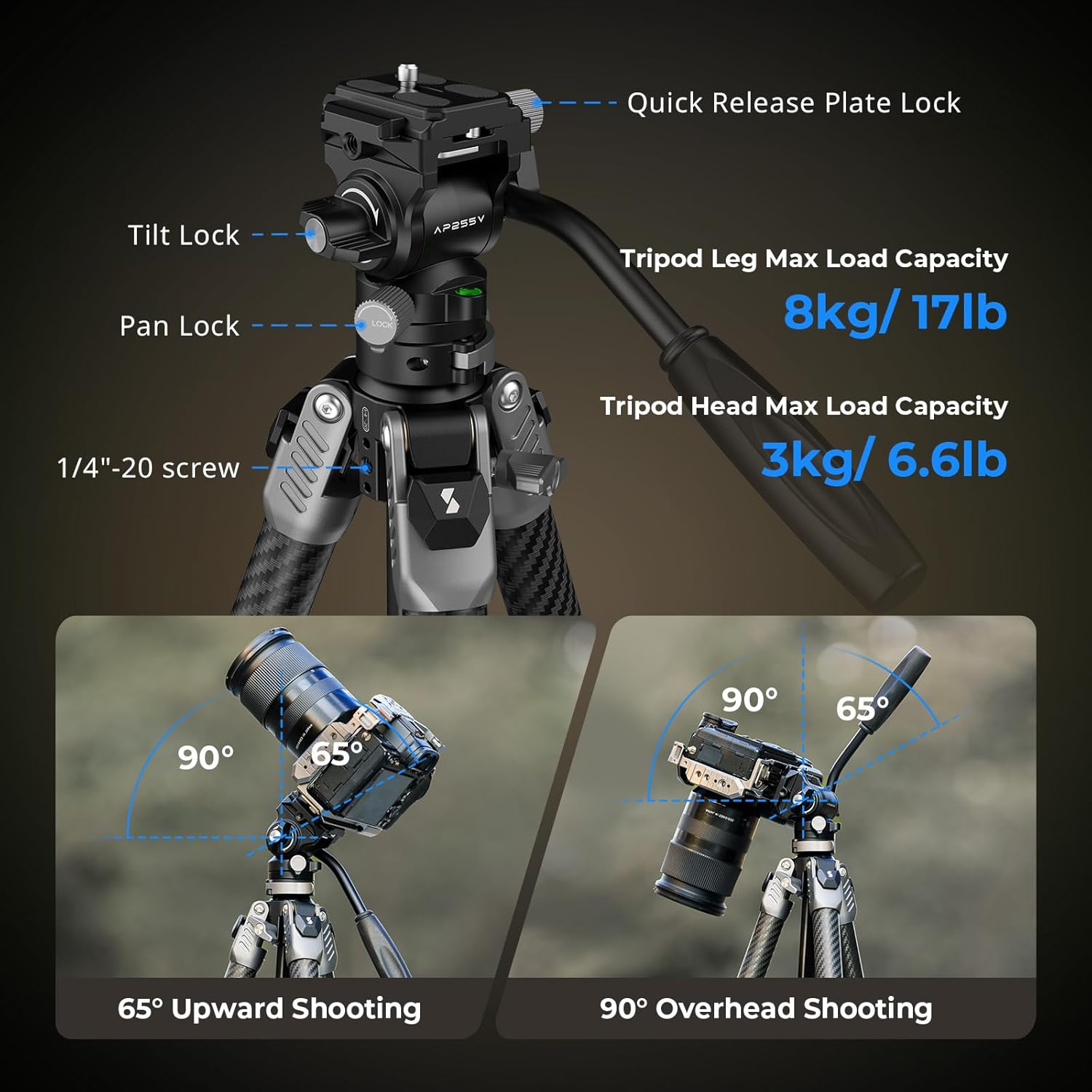 Thumbnail 4 de SmallRig AP255Pro 63" Portable Carbon Travel Tripod with Fluid Video Head (for iPhone & camera)