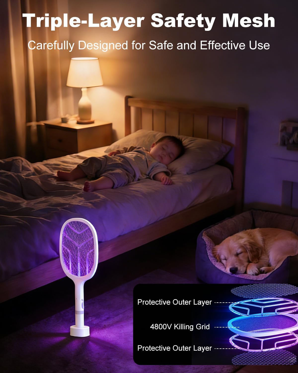 Detalle de URSICO Electric Fly Swatter 4800V / 2-in-1 Bug Zapper: Rechargeable Mosquito Killer for Indoor and Outdoor Use