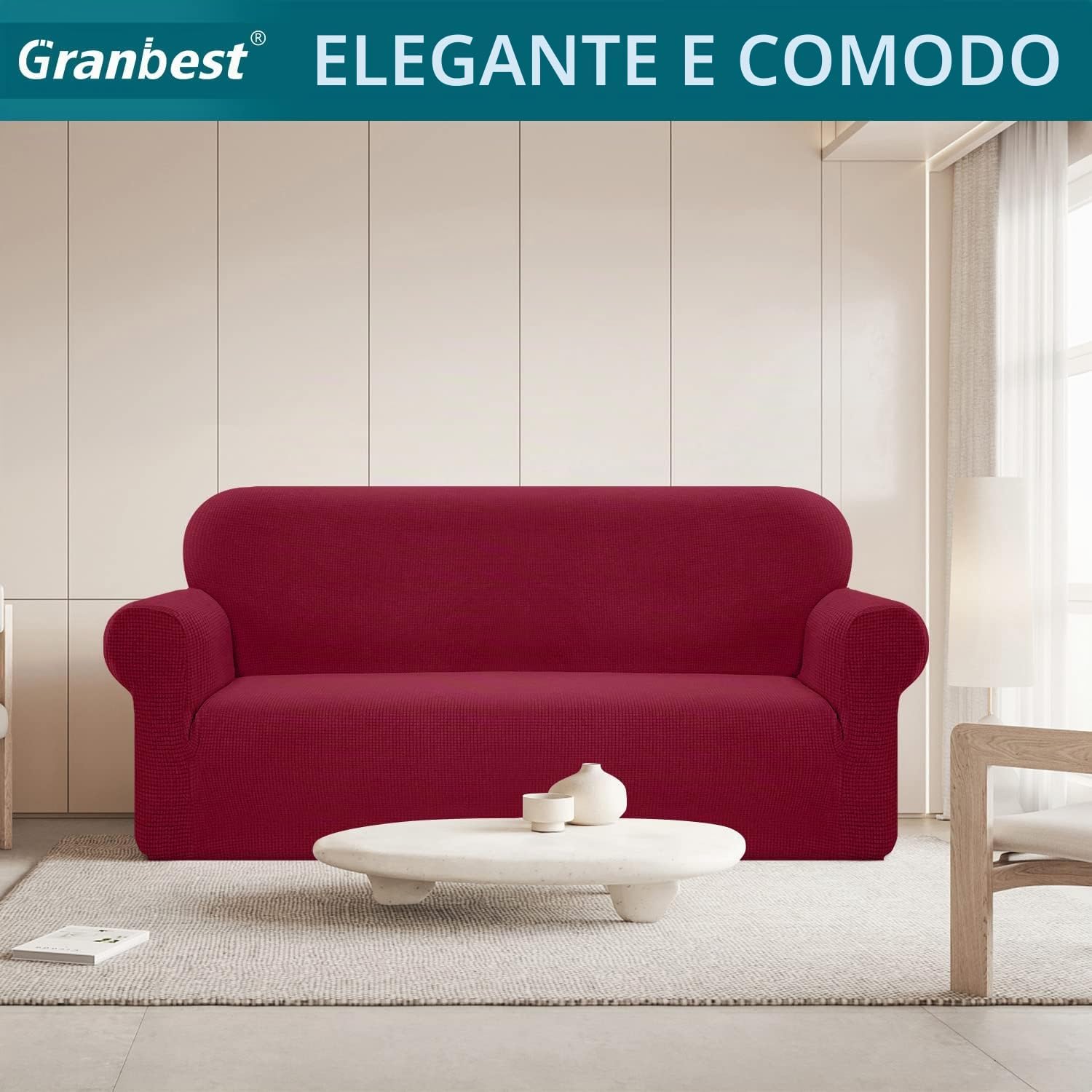 Detalle de Granbest Copridivano Impermeabile Monopezzo Alto Elasticizzato per 3 Posti – Tessuto Jaquard Spandex, Antigraffio e Antiscivolo, Colore Vino