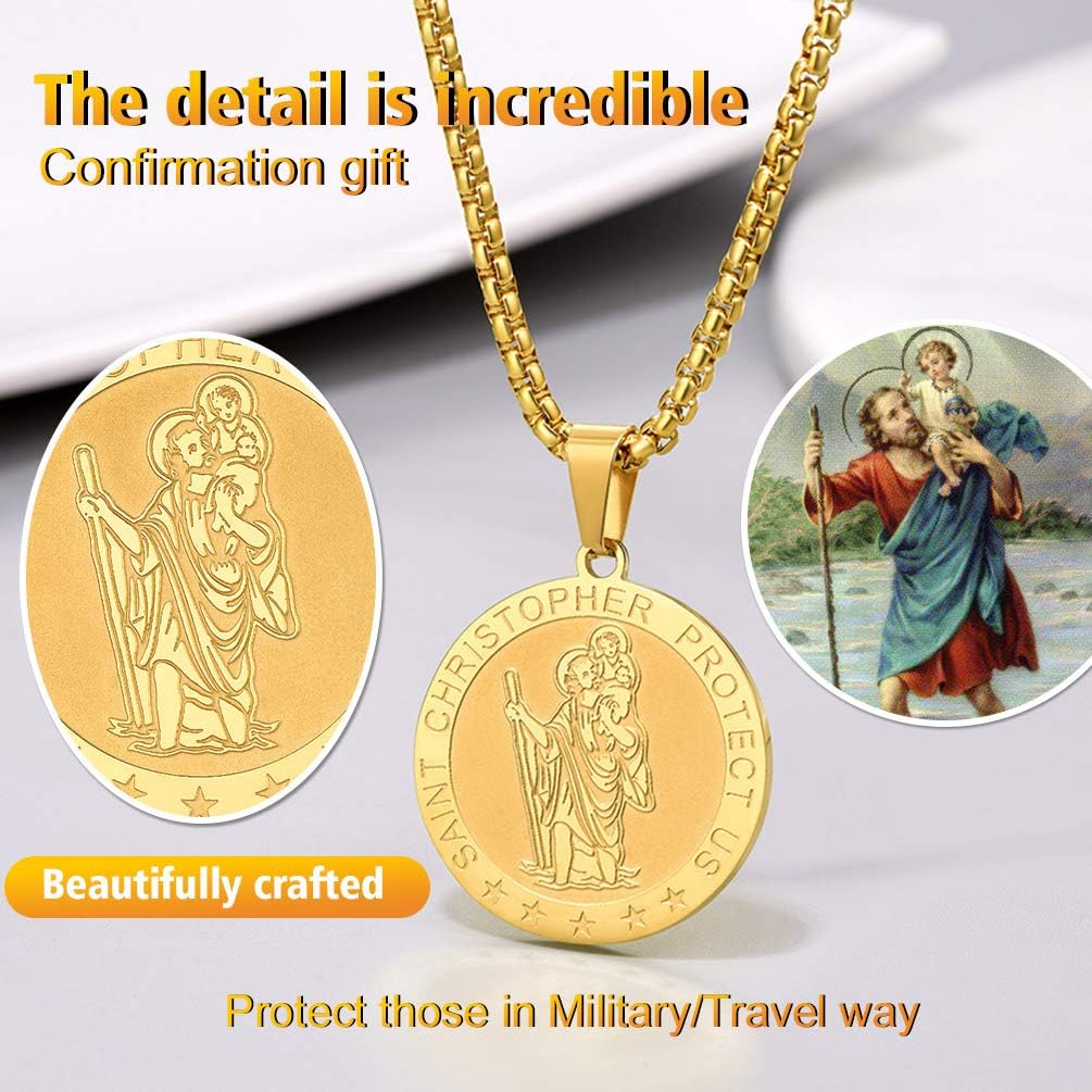 Thumbnail 2 de PROSTEEL Collier Saint Christophe en acier 316L avec pendentif rond/ovale/plaque et plaqué or jaune