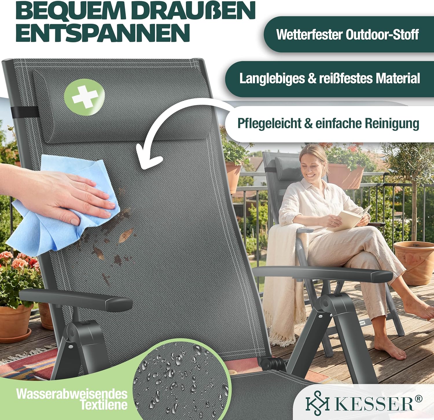 Thumbnail 6 de KESSER Gartenstuhl Hochlehner mit Armlehnen – 2er Set aus Aluminium, Klappstuhl mit Kopfkissen, Abdeckung und 7‑fach verstellbarer Rückenlehne (Anthrazit)