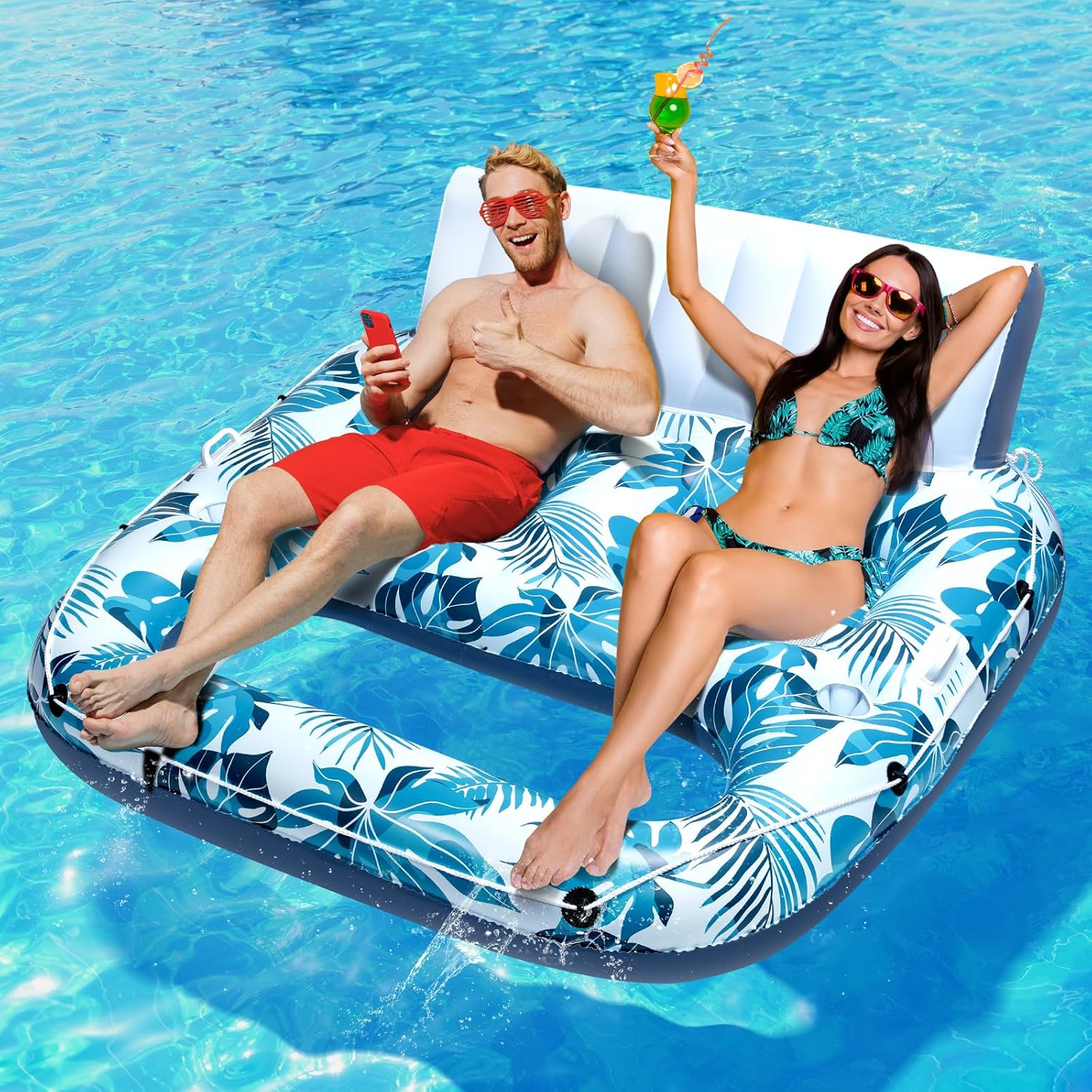 Detalle de JCLEAL 2-Person Pool Floats: Extra Large Inflatable Lounger with Backrest and Cup Holders