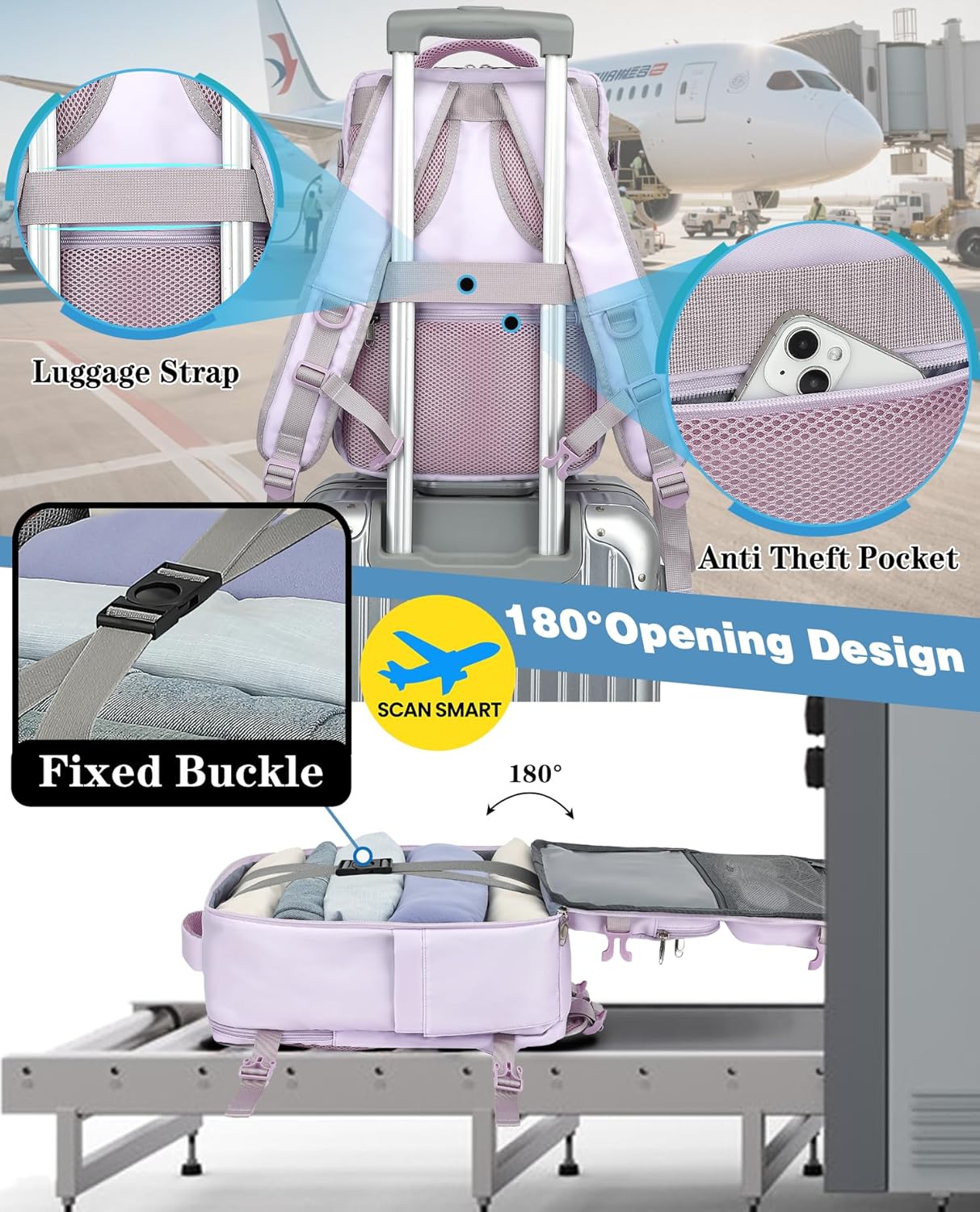 Thumbnail 2 de LYNXCHER Ryanair Cabin Bags 40x20x25 Travel Backpack (20L) - Light Purple, S