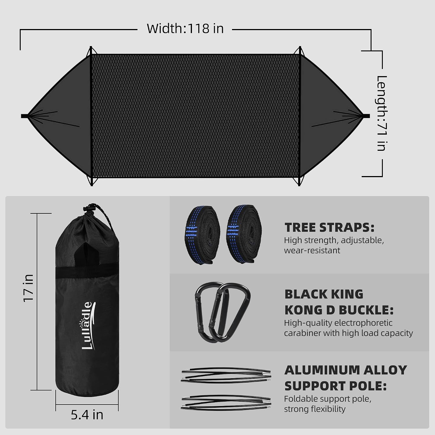 Thumbnail 4 de Lulladle Camping Hammock 118in Double with Mosquito Net