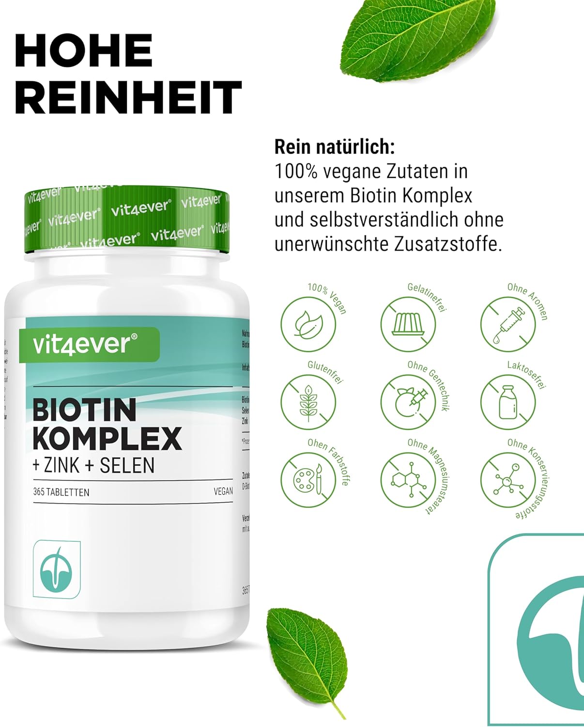 Thumbnail 2 de vit4ever Biotin Komplex + Selen + Zink – vegan, 365 Tabletten für Haut, Haare & Nägel