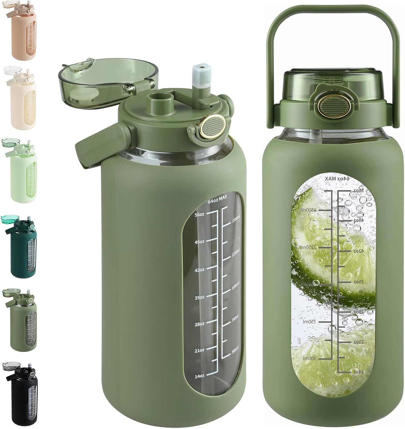 Thumbnail 6 de Glass Water Bottle with Straw and Handle Lid (Half Gallon / 74oz) – Time Marker Motivational Reusable Jug